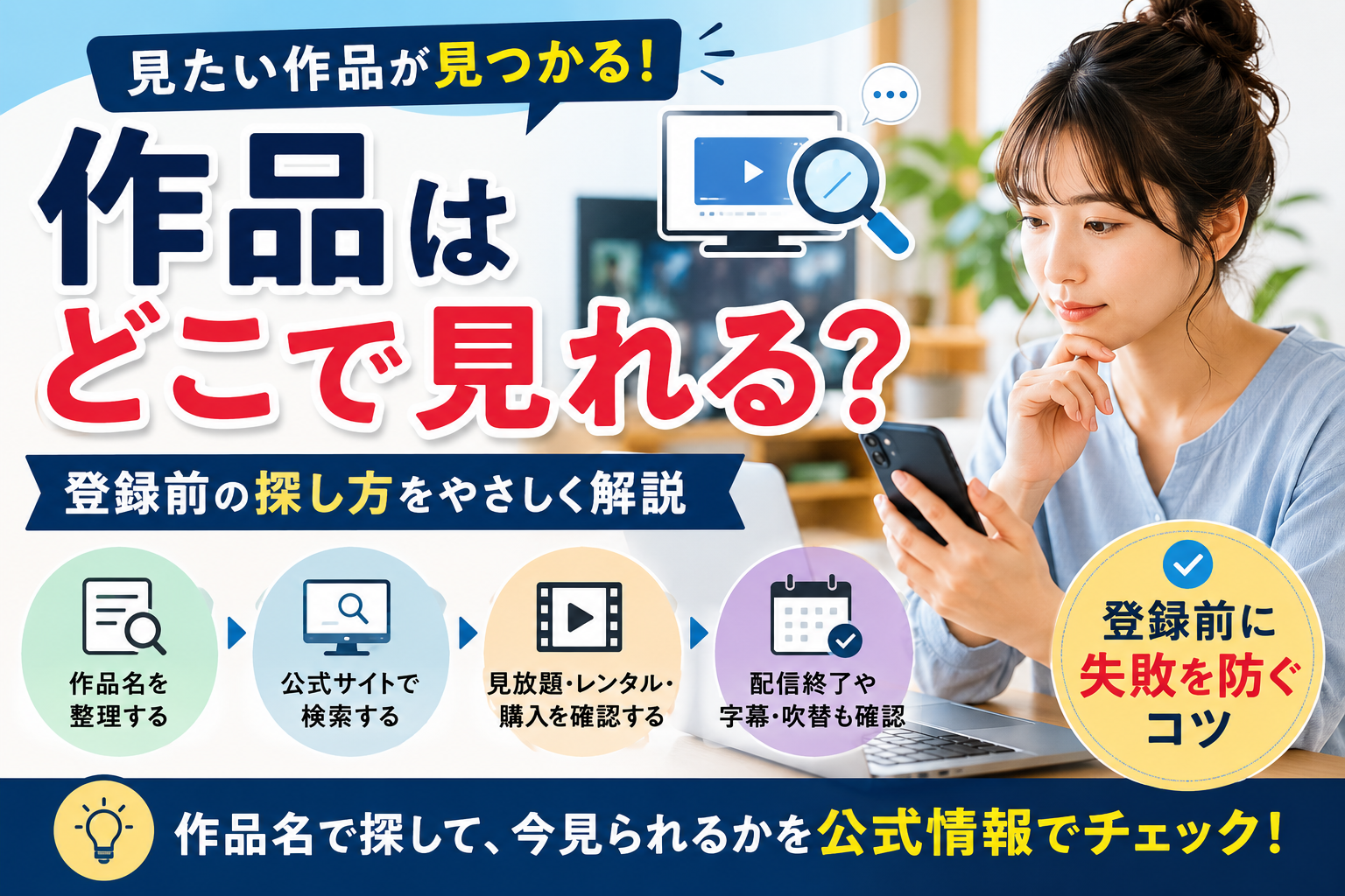 見たい作品がどこで見れるかを作品名で探すイメージ