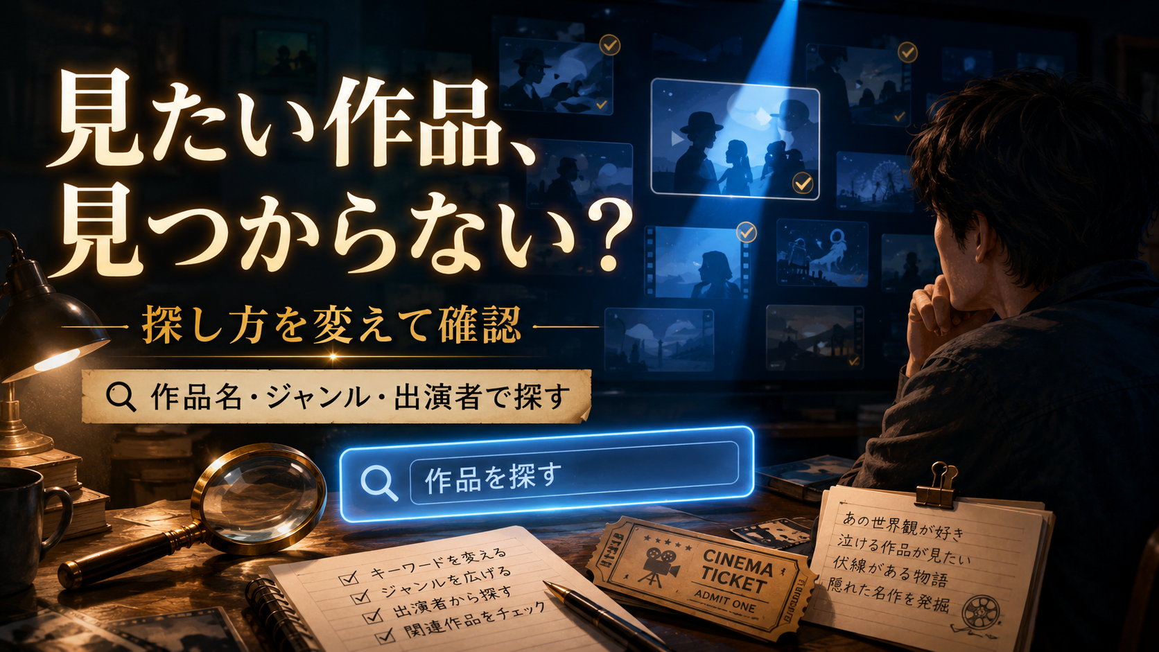 動画配信サービスで見たい作品を検索機能で探して確認する人のイメージ