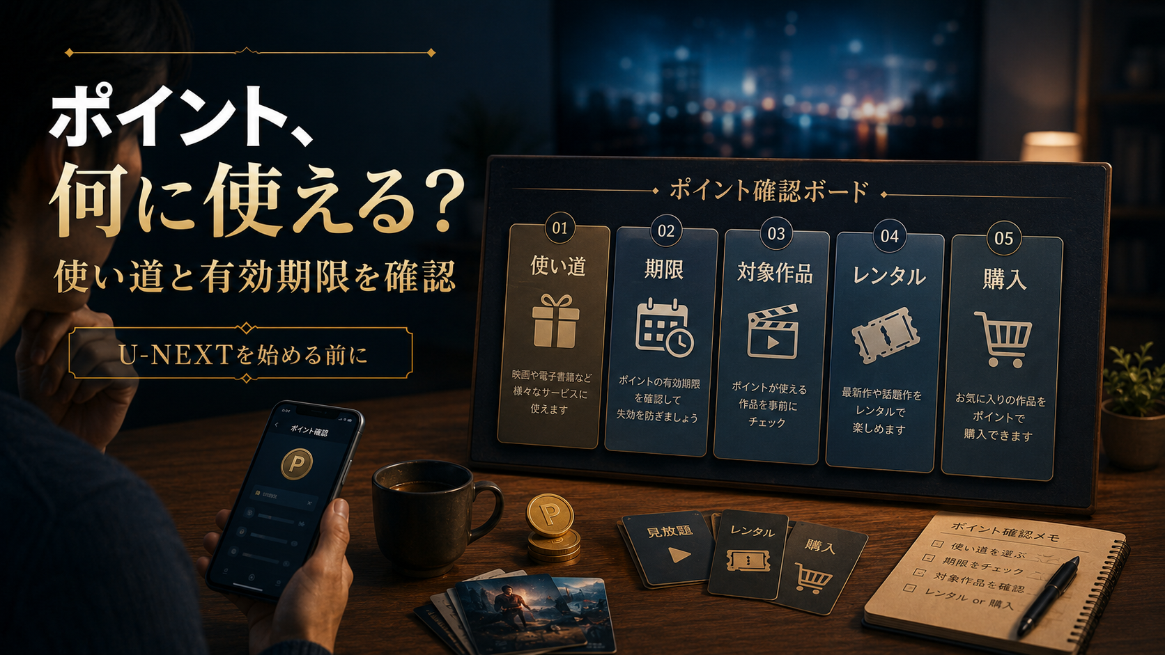 U-NEXTのポイントの使い道や有効期限を登録前に確認する人のイメージ