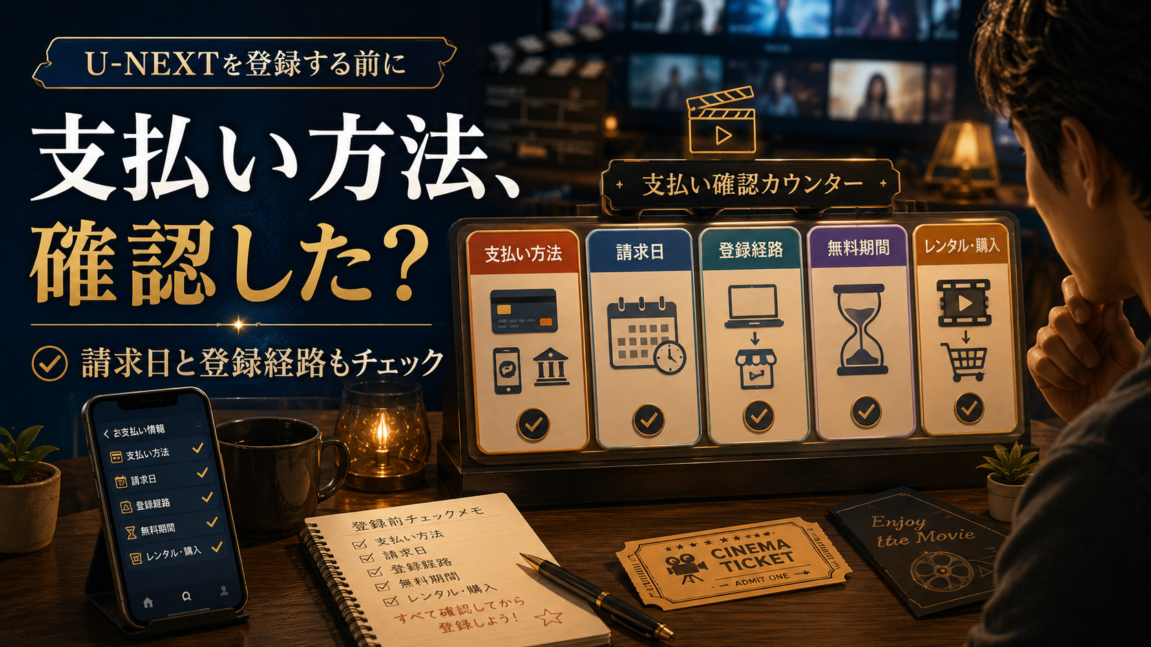U-NEXTの支払い方法や請求日や登録経路を登録前に確認する人のイメージ
