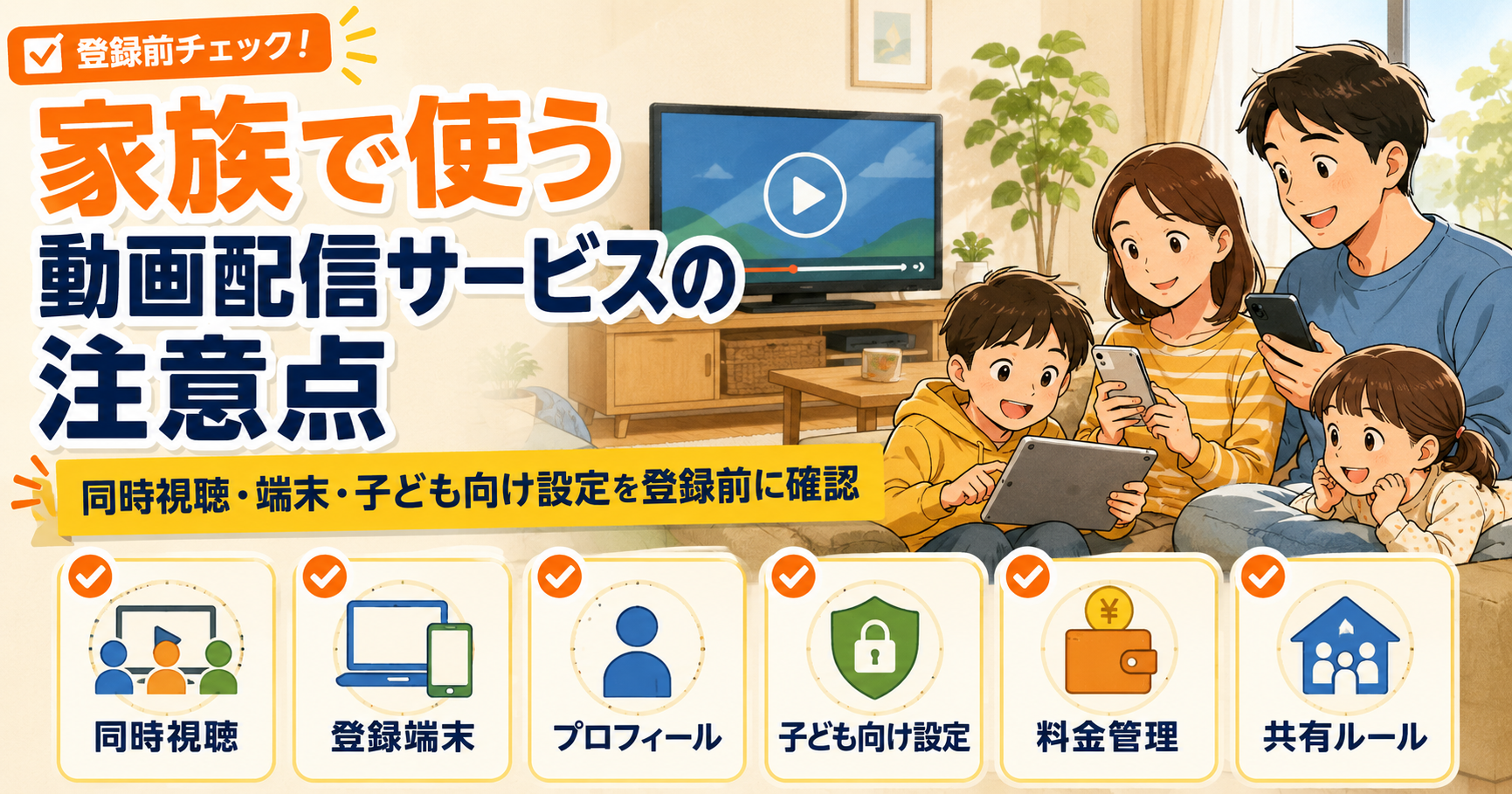 家族で動画配信サービスを使う前に同時視聴や登録端末、子ども向け設定を確認するアイキャッチ画像