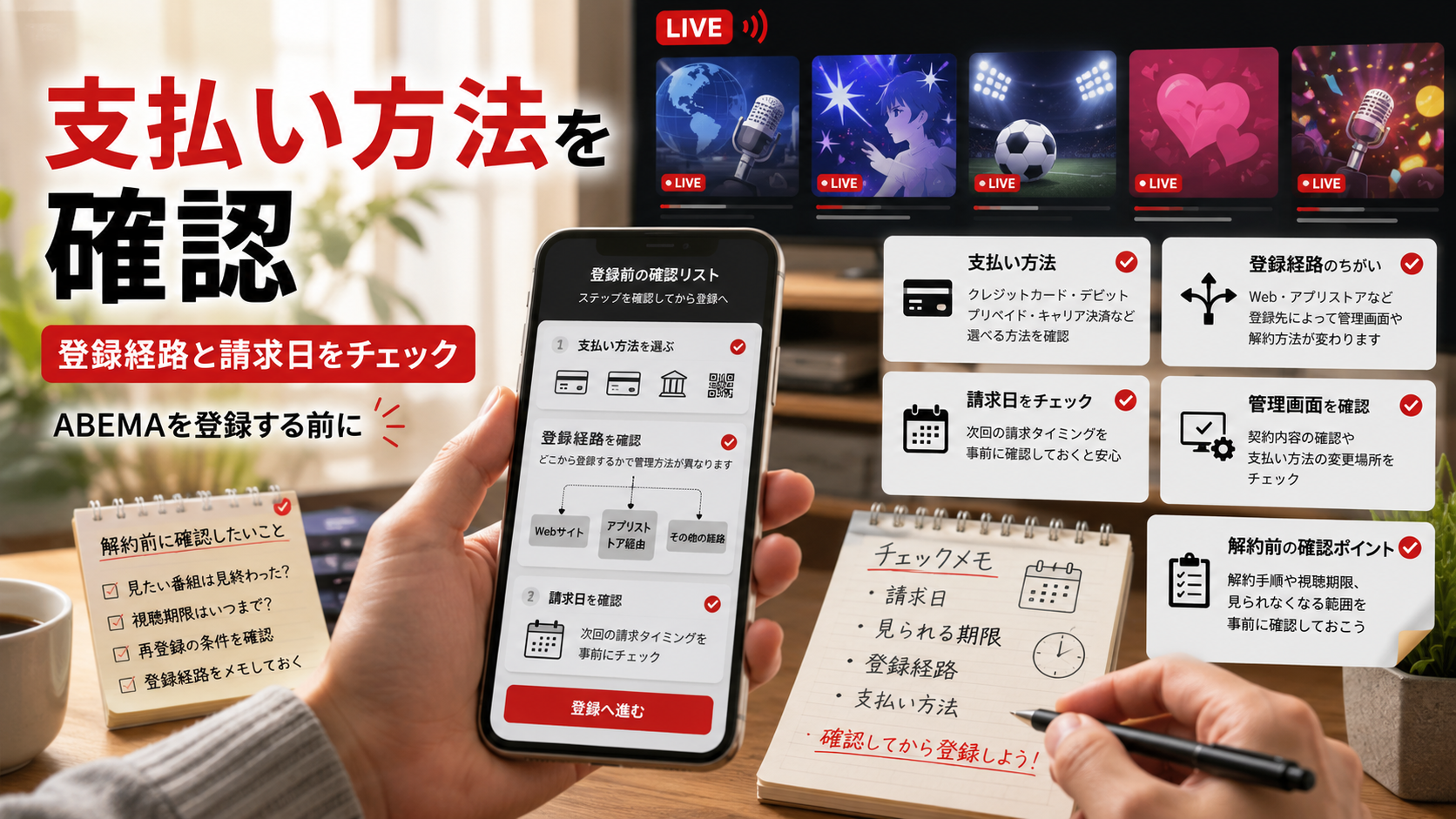 ABEMAの支払い方法や登録経路を確認する人のイメージ