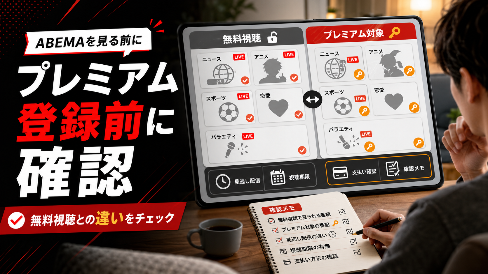 ABEMAプレミアムを登録前に無料視聴との違いや対象番組を確認する人のイメージ