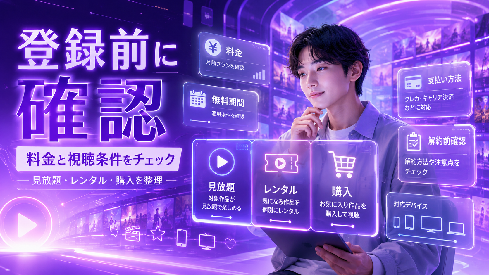 動画配信サービスを登録前に料金や視聴条件を未来的なエンタメ空間で確認している人物のイメージ
