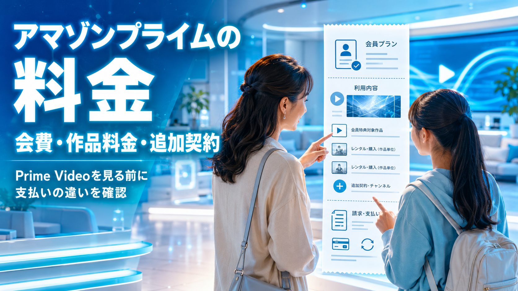 アマゾンプライムの会費とPrime Videoの作品料金、追加契約を光る料金レシートで確認する母親と娘のイメージ