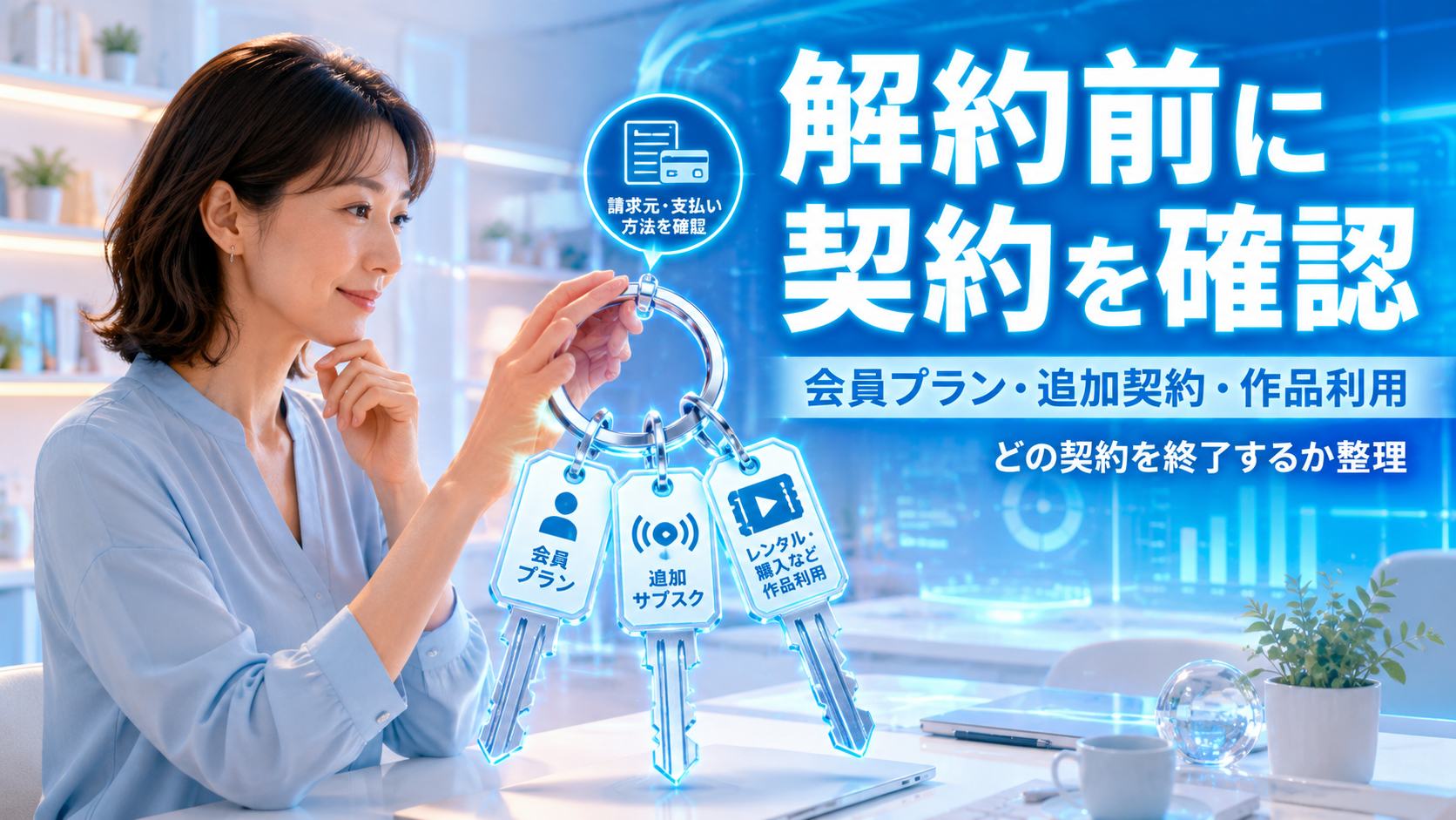 アマゾンプライムの解約前に、会員プラン、追加契約、作品利用を示す3本の鍵を女性が確認するイメージ