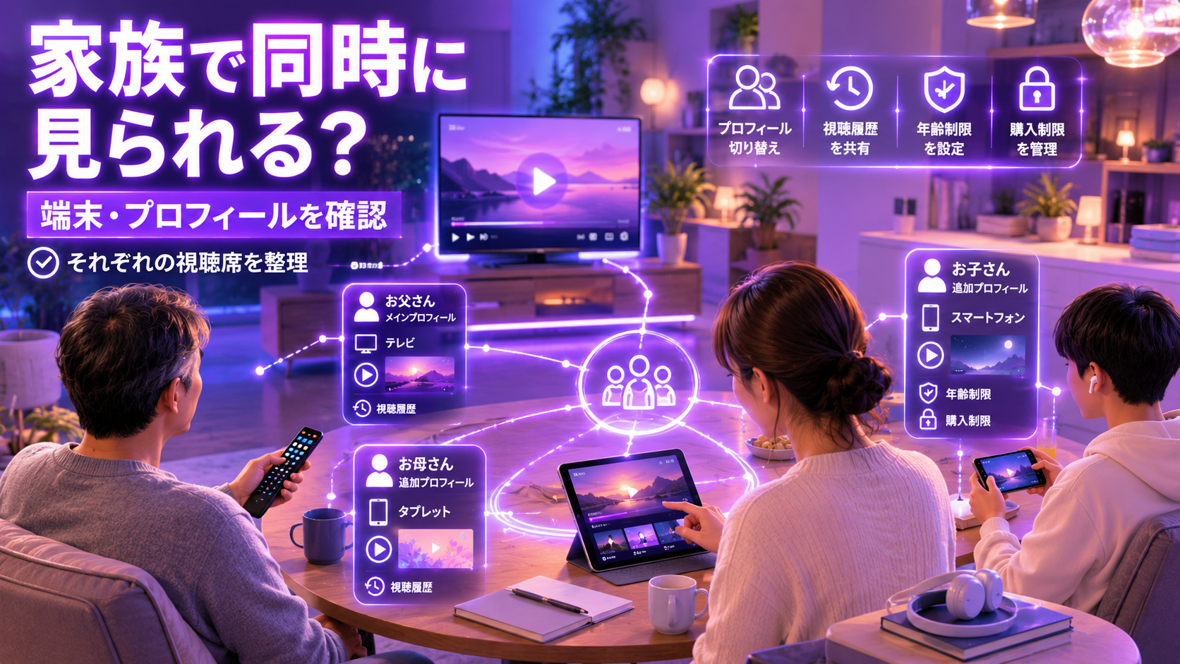 DMM TVを家族で同時視聴する前に、テレビ、スマートフォン、タブレットの視聴席を家族が確認するイメージ
