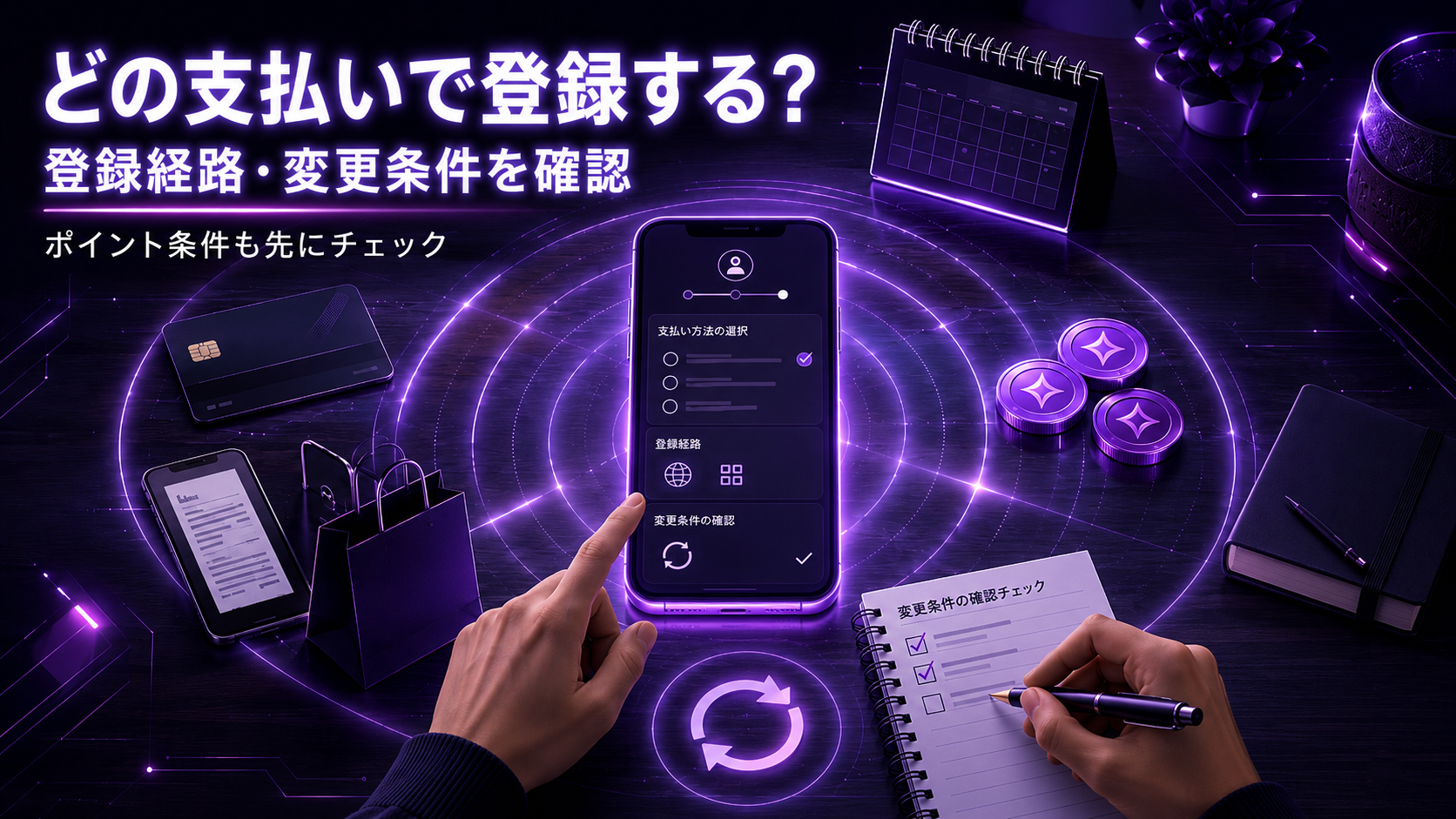 DMM TVへ登録する前に、紫色の机上でスマートフォン、カード、ポイント、請求書、変更条件を確認するイメージ