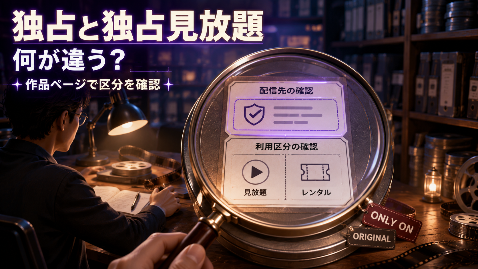 U-NEXTの独占と独占見放題の違いを確認するため、作品ケースの配信先と視聴区分をルーペで見るイメージ