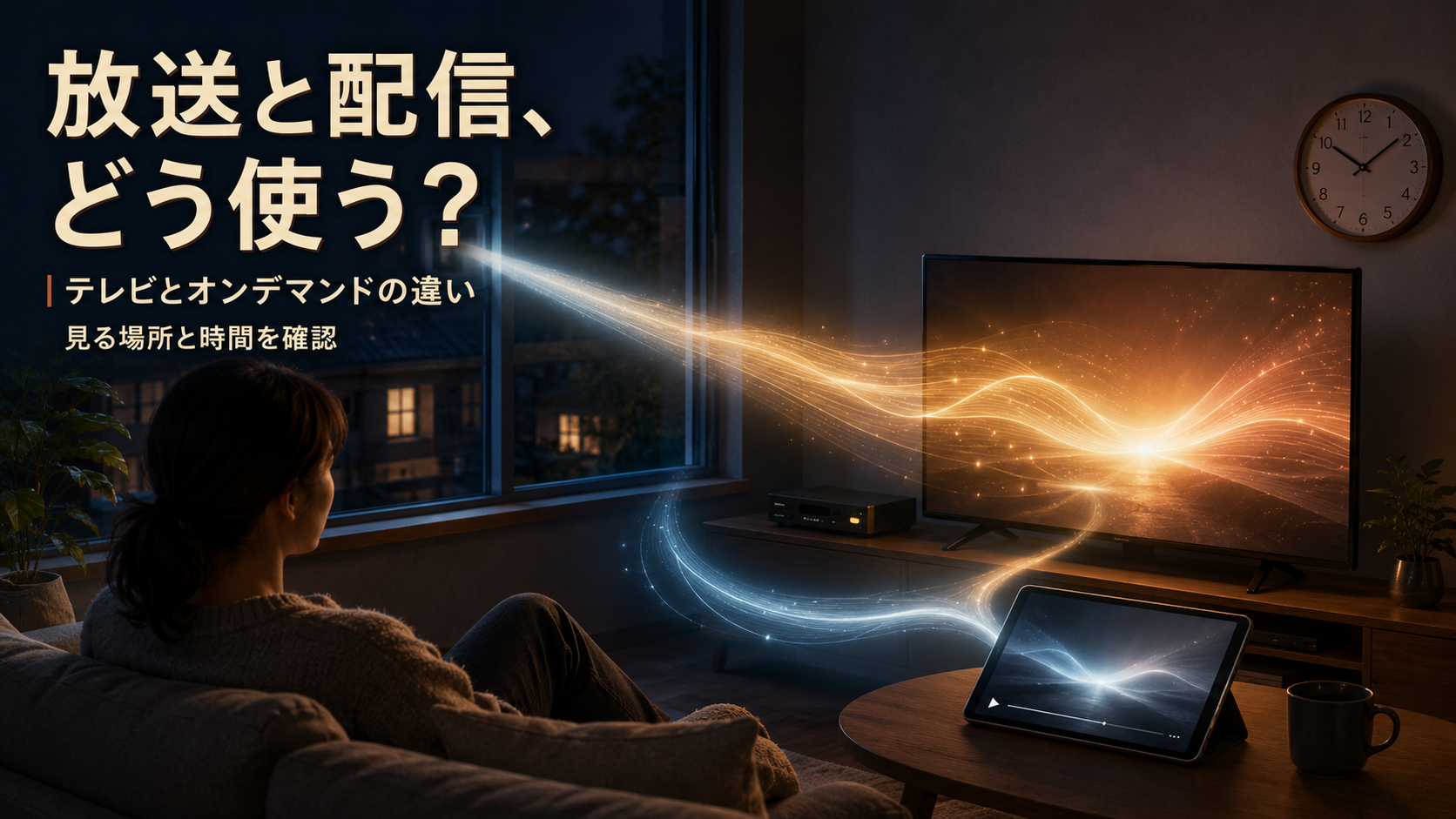 WOWOWのBS放送とオンデマンドの違いを確認するため、夜のリビングでテレビとタブレットへ届く1本の映像の光を見る人のイメージ