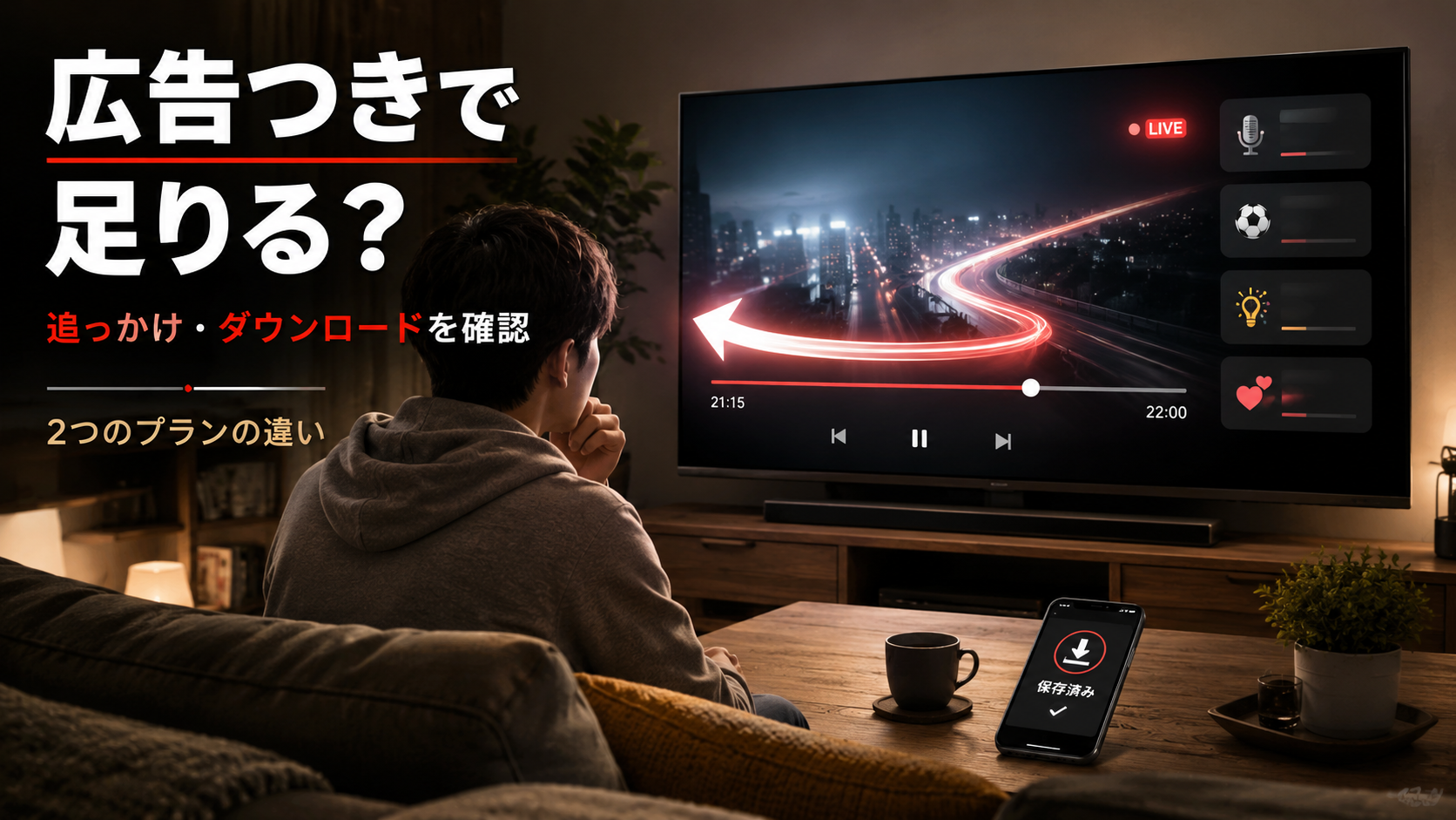 赤いLIVE表示のある放送途中のテレビとスマートフォンを前に、ABEMAプレミアム2プランの再生機能を確認するイメージ