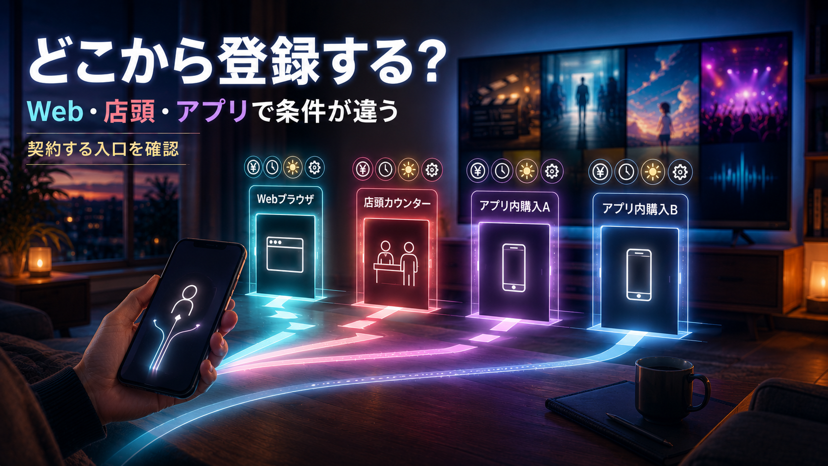 スマートフォンの先にWeb、店頭、2つのアプリ内課金の入口が分かれ、Leminoプレミアムの登録方法を選ぶイメージ