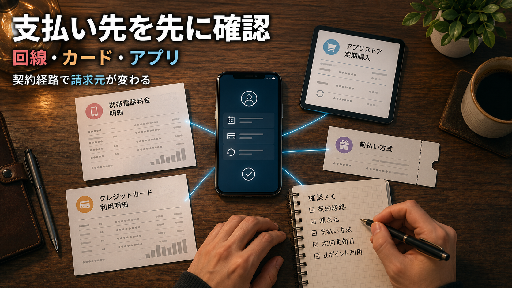 スマートフォン、携帯電話料金明細、カード明細、アプリ定期購入、前払い券を照合するLemino支払い方法記事のイメージ