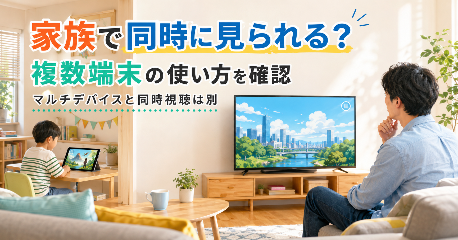 保護者がテレビ、子どもがタブレットで同時に動画を見ようとしているイメージ