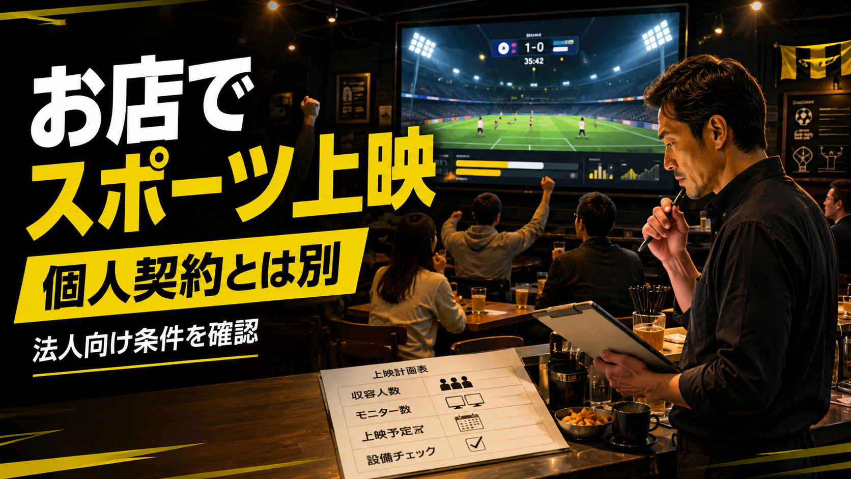夜の飲食店でスポーツ中継を見ながら、店舗責任者がDAZN For Businessの契約条件を確認している様子