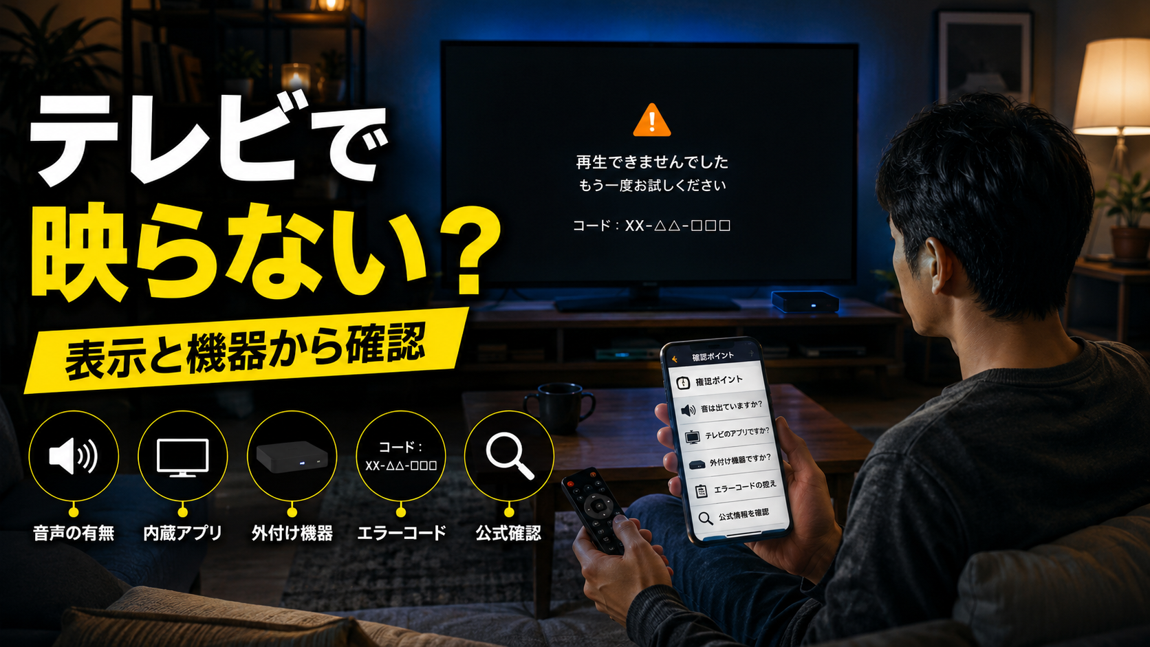 Netflixがテレビで映らないときにエラー表示と利用機器をスマートフォンで確認している様子