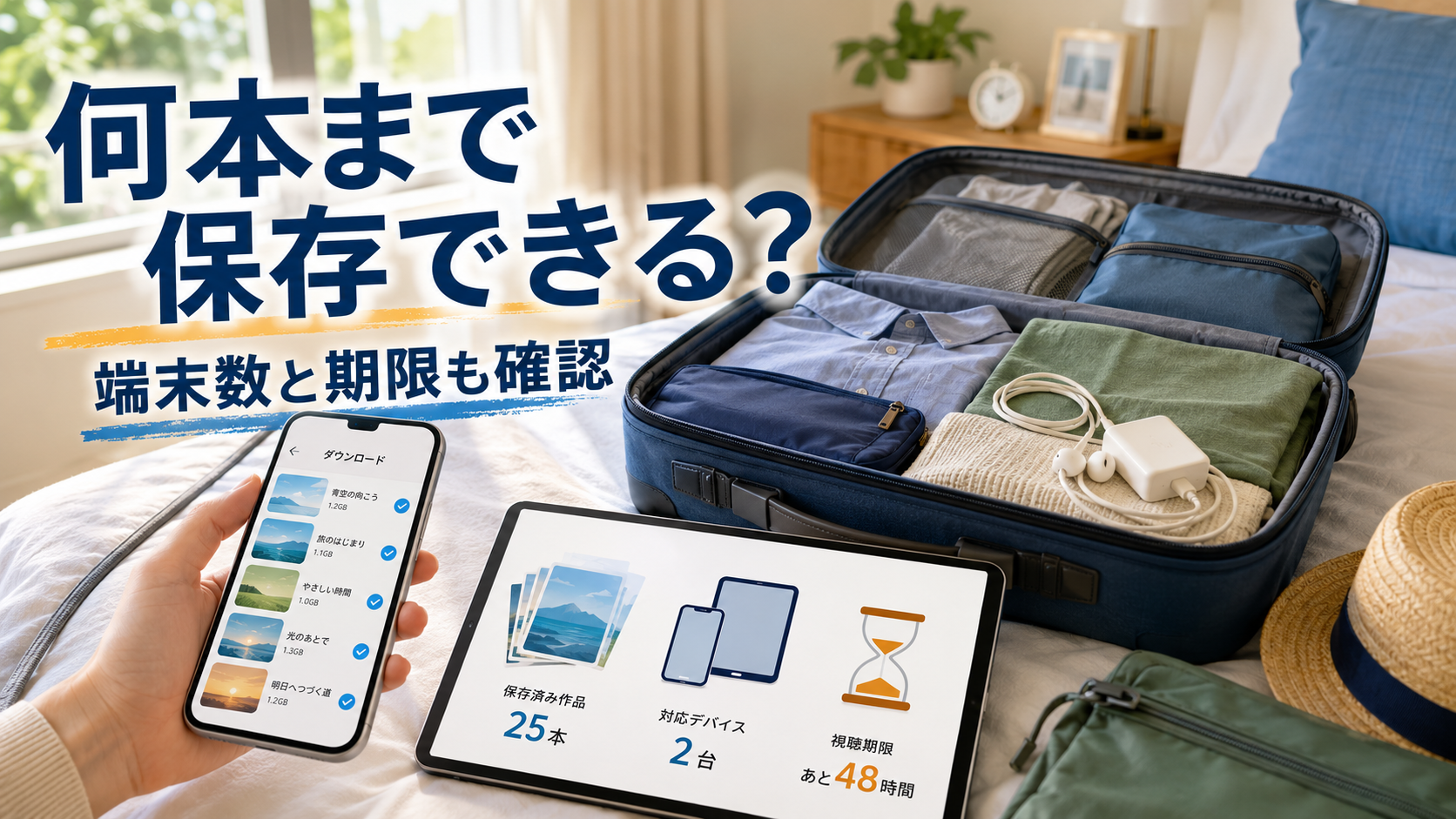 旅行前にNetflixのダウンロード作品数と対応端末数、有効期限をスマートフォンで確認している様子