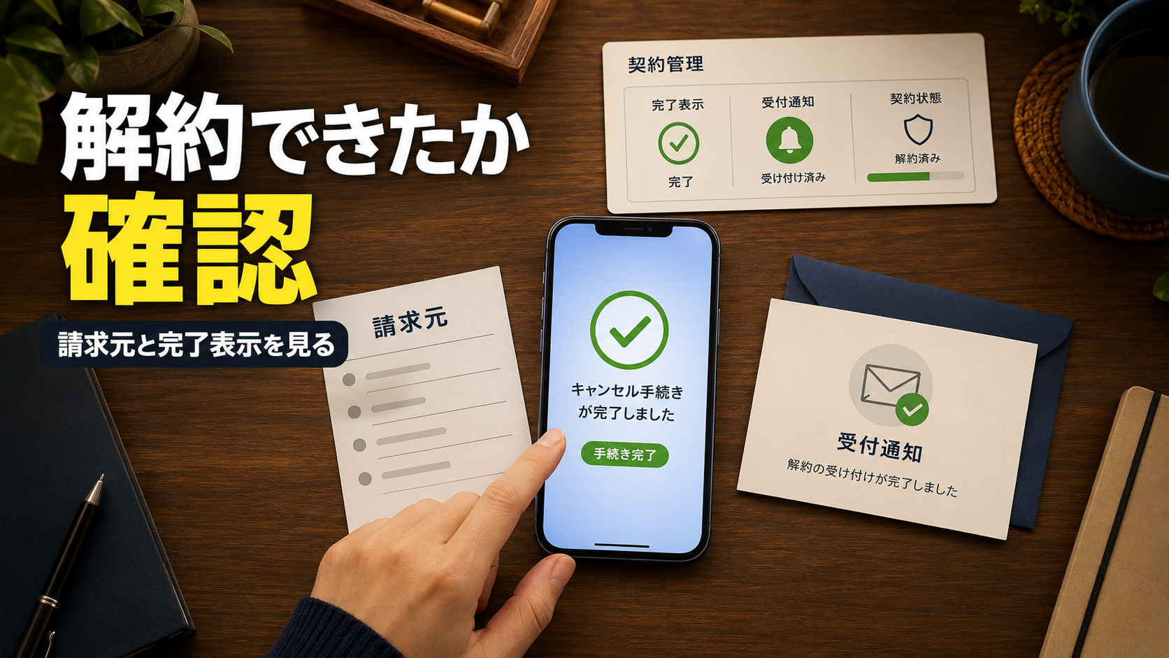 Netflixの解約について請求元、キャンセル完了表示、受付通知、契約状態をスマートフォンで確認している様子