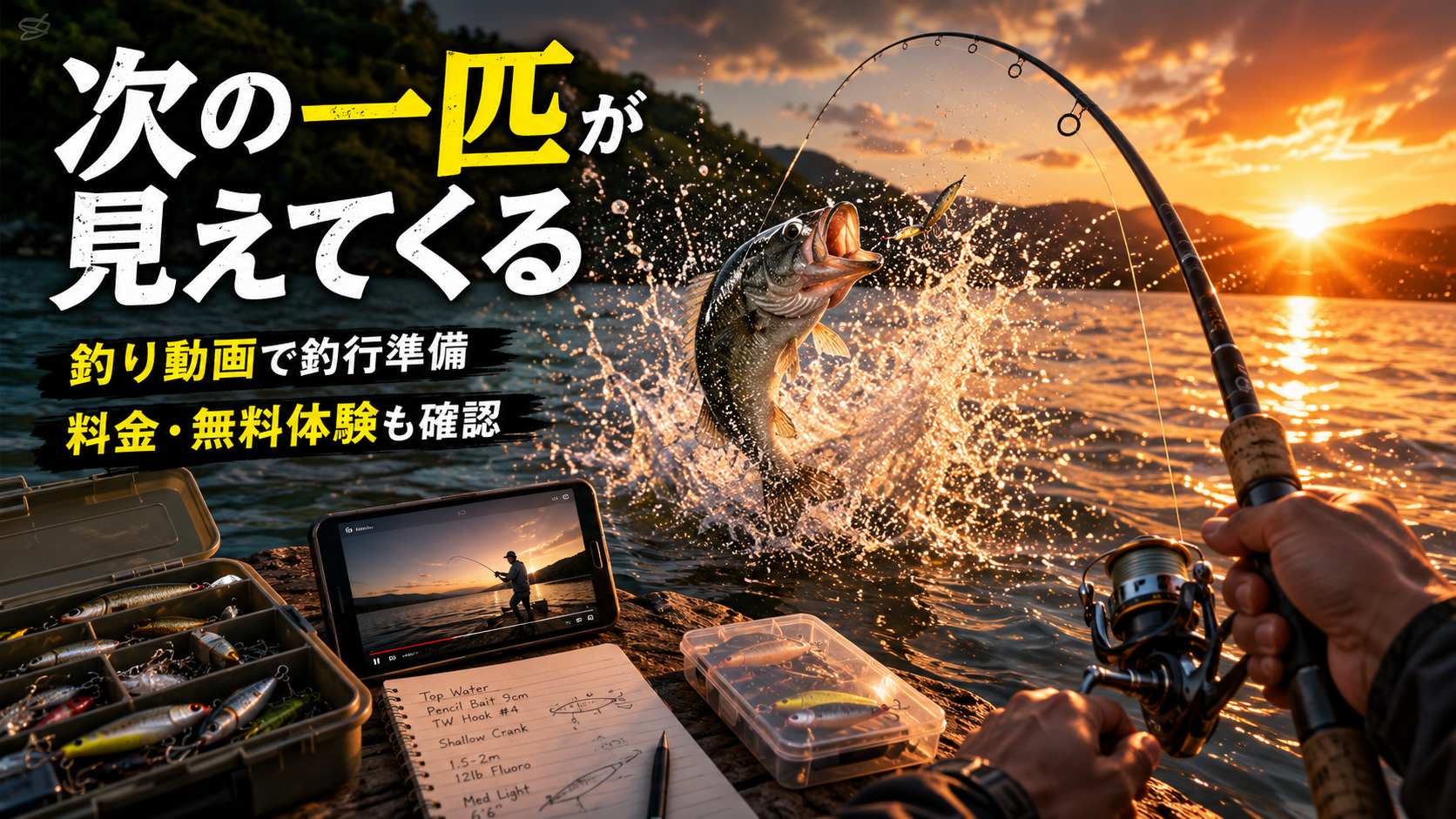 大型の魚が水面を跳ねる瞬間を見ながら、釣り人が次の釣行準備をしたくなるイメージ