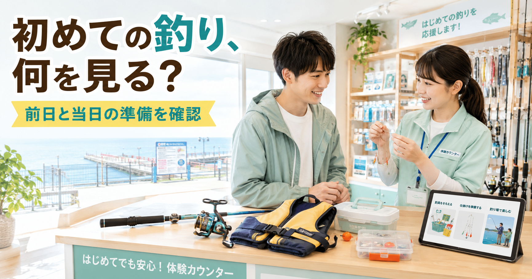 明るい釣具店で初心者が釣り道具と入門動画を確認し初釣行の準備をする様子