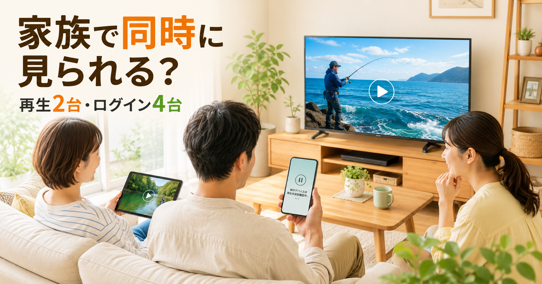 明るいリビングでテレビとタブレットを再生しスマートフォンの同時視聴状態を確認する家族