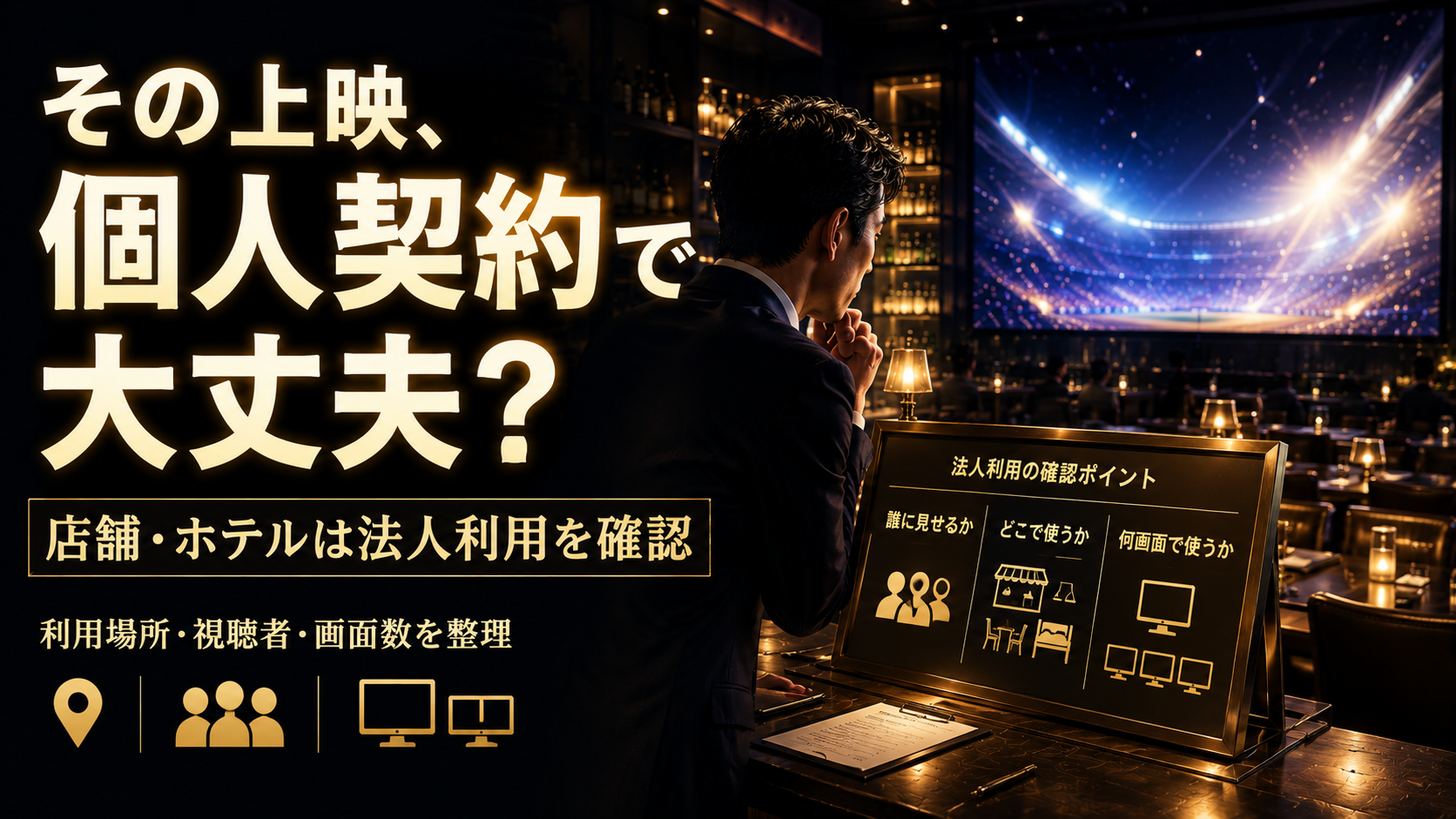 飲食店や宿泊施設の担当者が、店内テレビで番組を流す前にWOWOWの法人契約条件を確認するイメージ