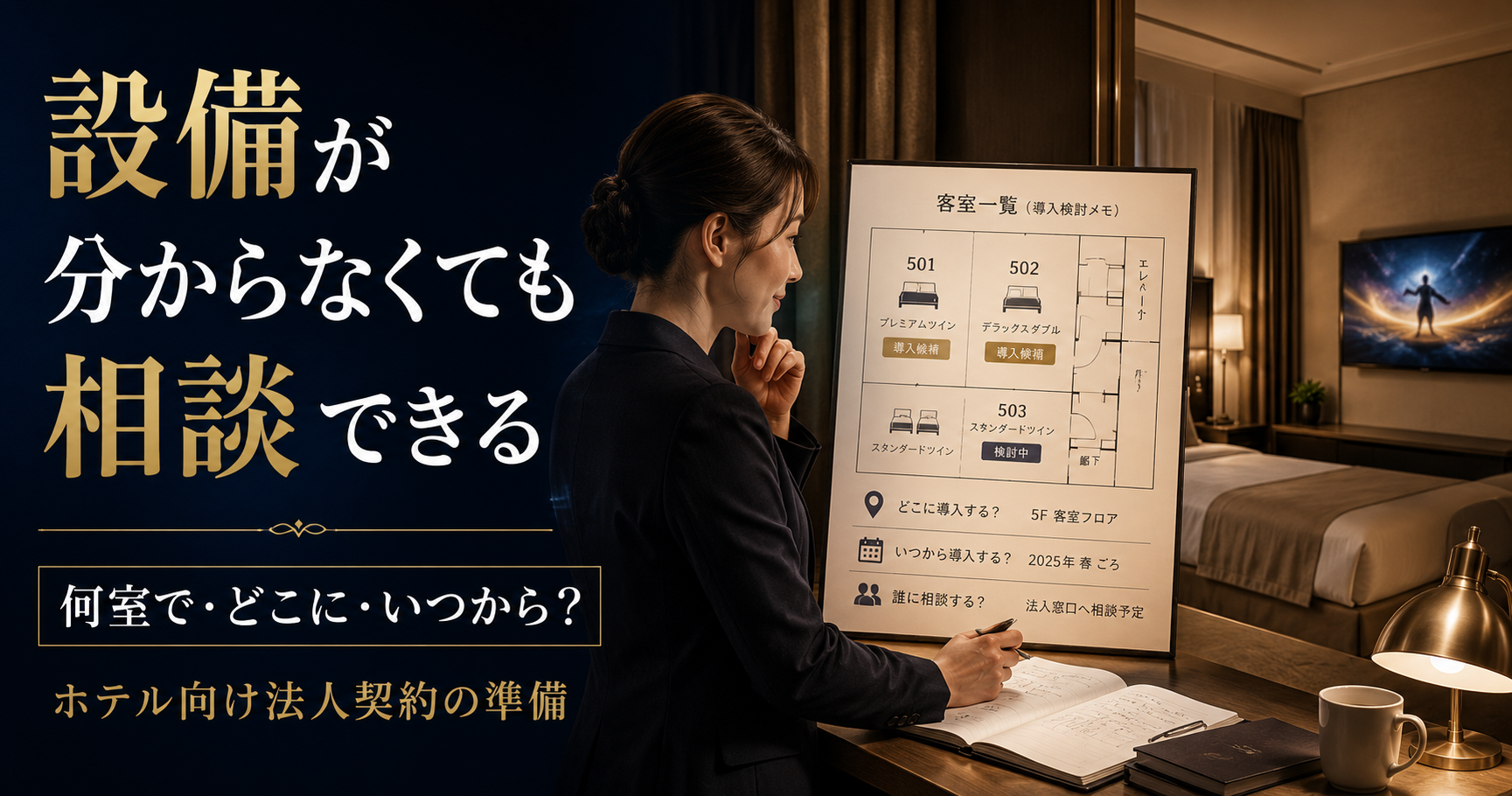 ホテル担当者が客室数とテレビ設備を確認し、WOWOWの宿泊施設向け法人契約について相談準備をしているイメージ