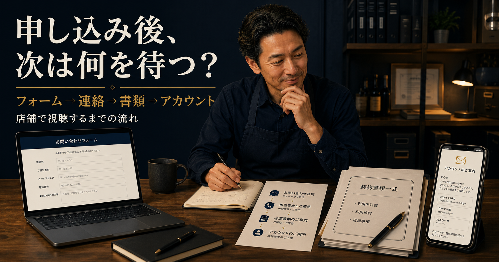 店舗責任者がWOWOW法人契約の申込み画面、契約書類、アカウント案内を確認しているイメージ
