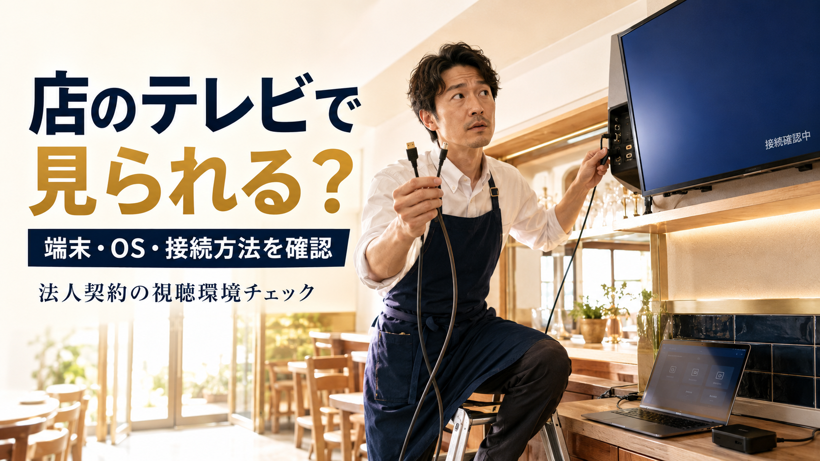 店舗責任者が開店前の店内でテレビ裏の接続部分と2本のケーブルを見比べ、視聴環境を確認しているイメージ