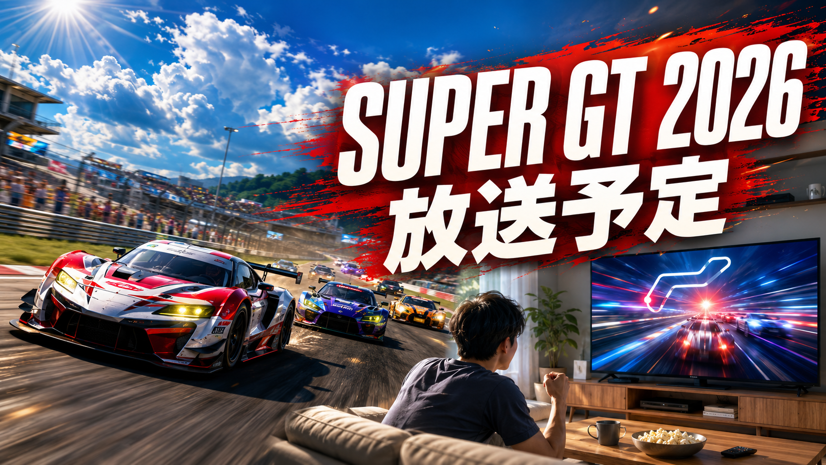 SUPER GTのレース車両とテレビ視聴をイメージした画像