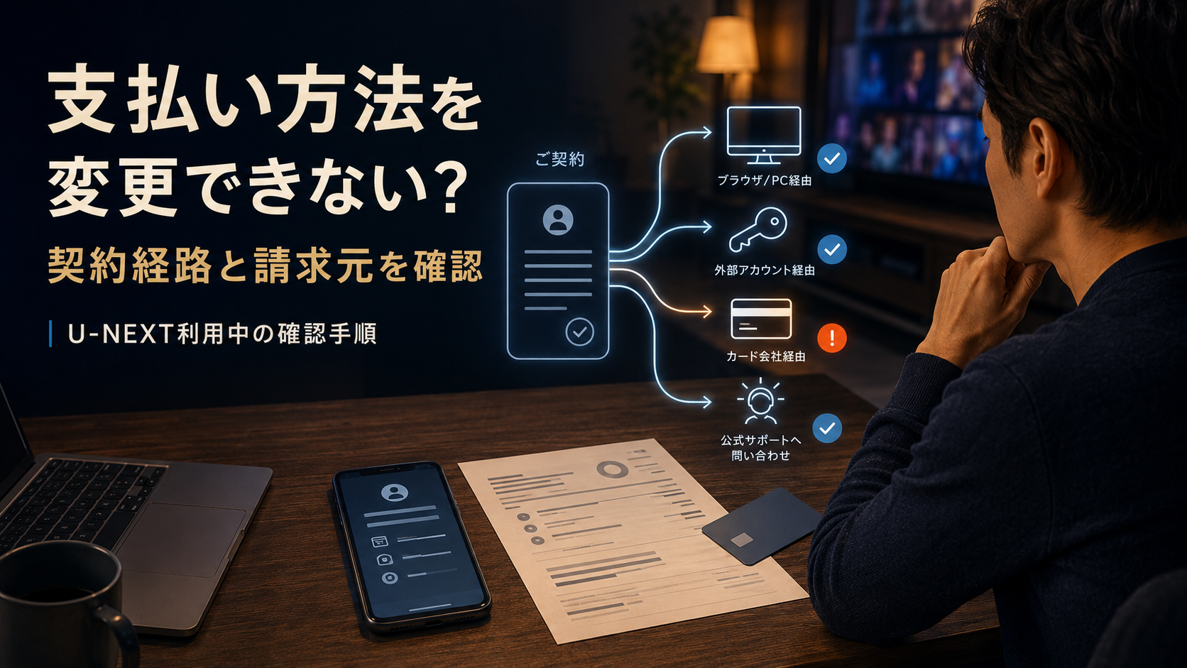 U-NEXTの支払い方法を変更できず契約経路と請求元を確認している人