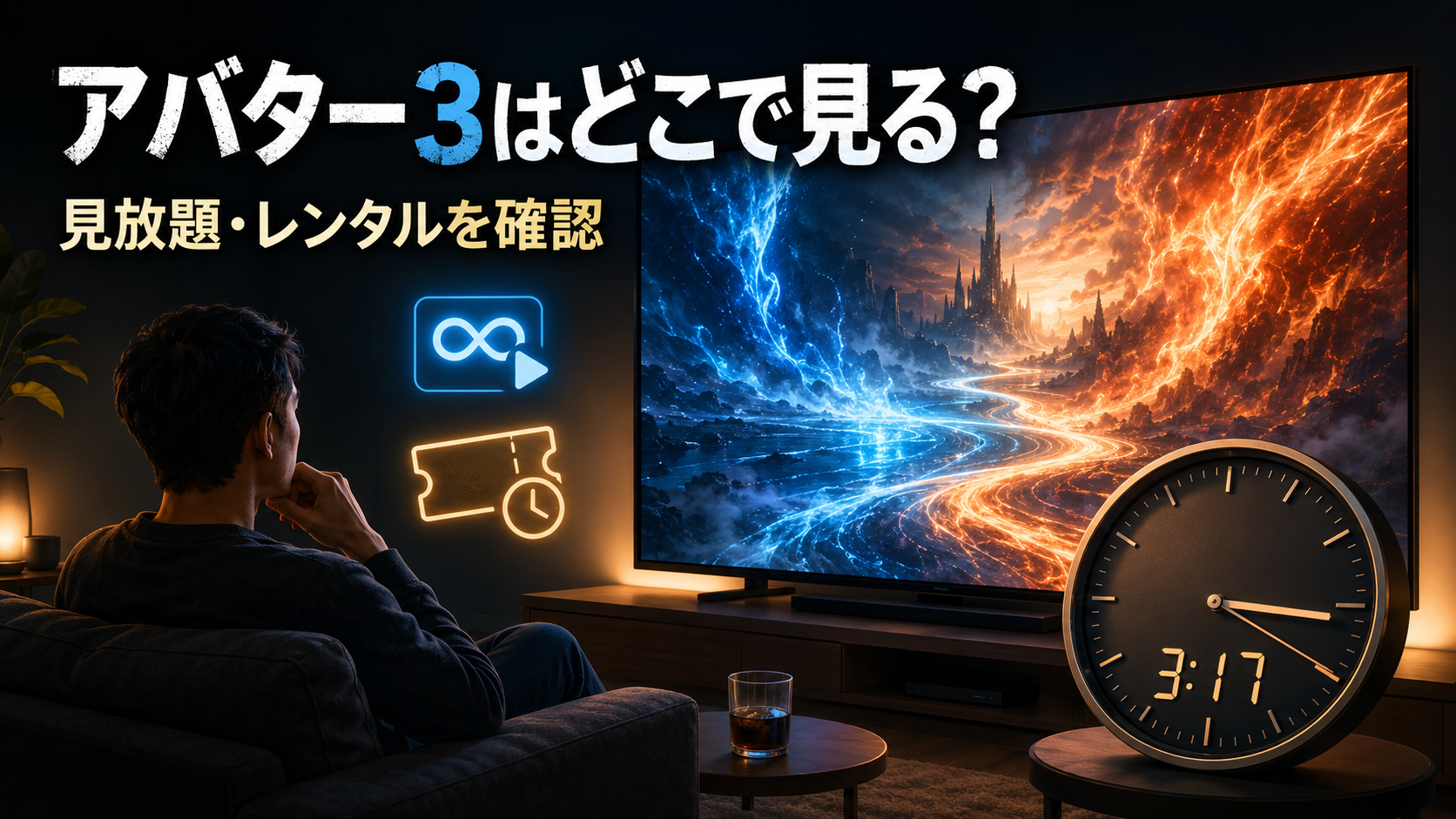 暗いホームシアターで大人が時計を見ながら、3時間を超える長編SF映画の見放題とレンタルを選んでいるイメージ