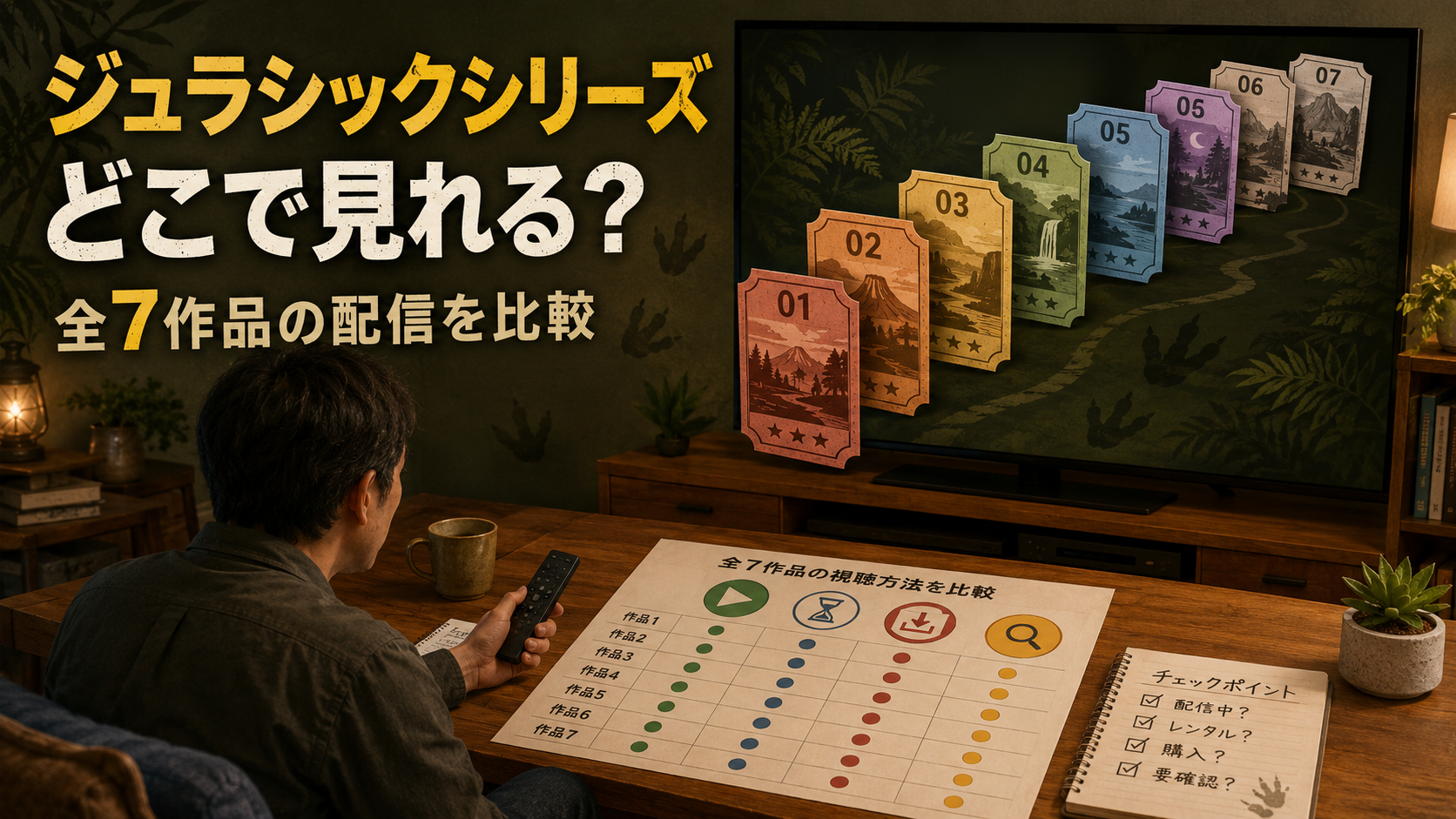 成人が自宅のテレビと机上の資料を見ながら、ジュラシックシリーズ全7作品の配信先を比較するイメージ
