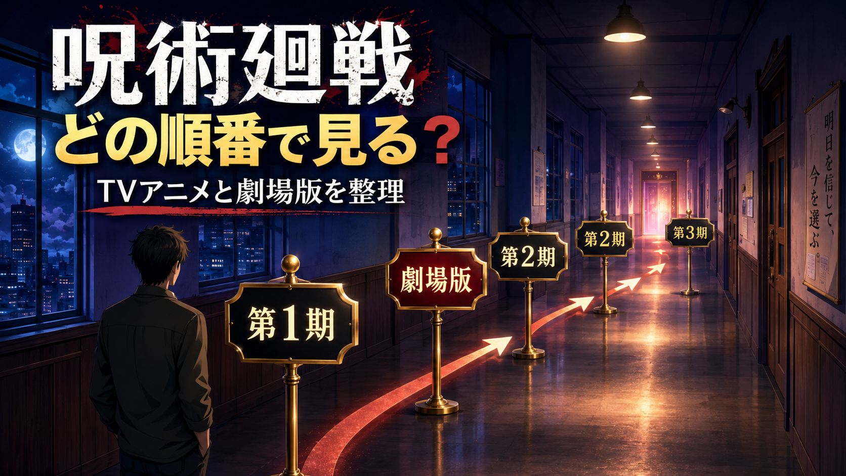 夜の学校風通路に第1期から第3期と劇場版を表す案内標識が順番に並んでいるイメージ