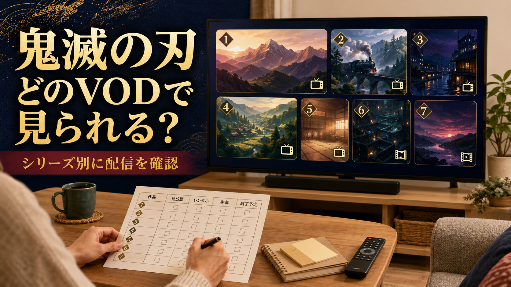 テレビ画面の複数のオリジナル作品カードと手元の確認シートを見比べ、シリーズ別の配信対象を調べているイメージ