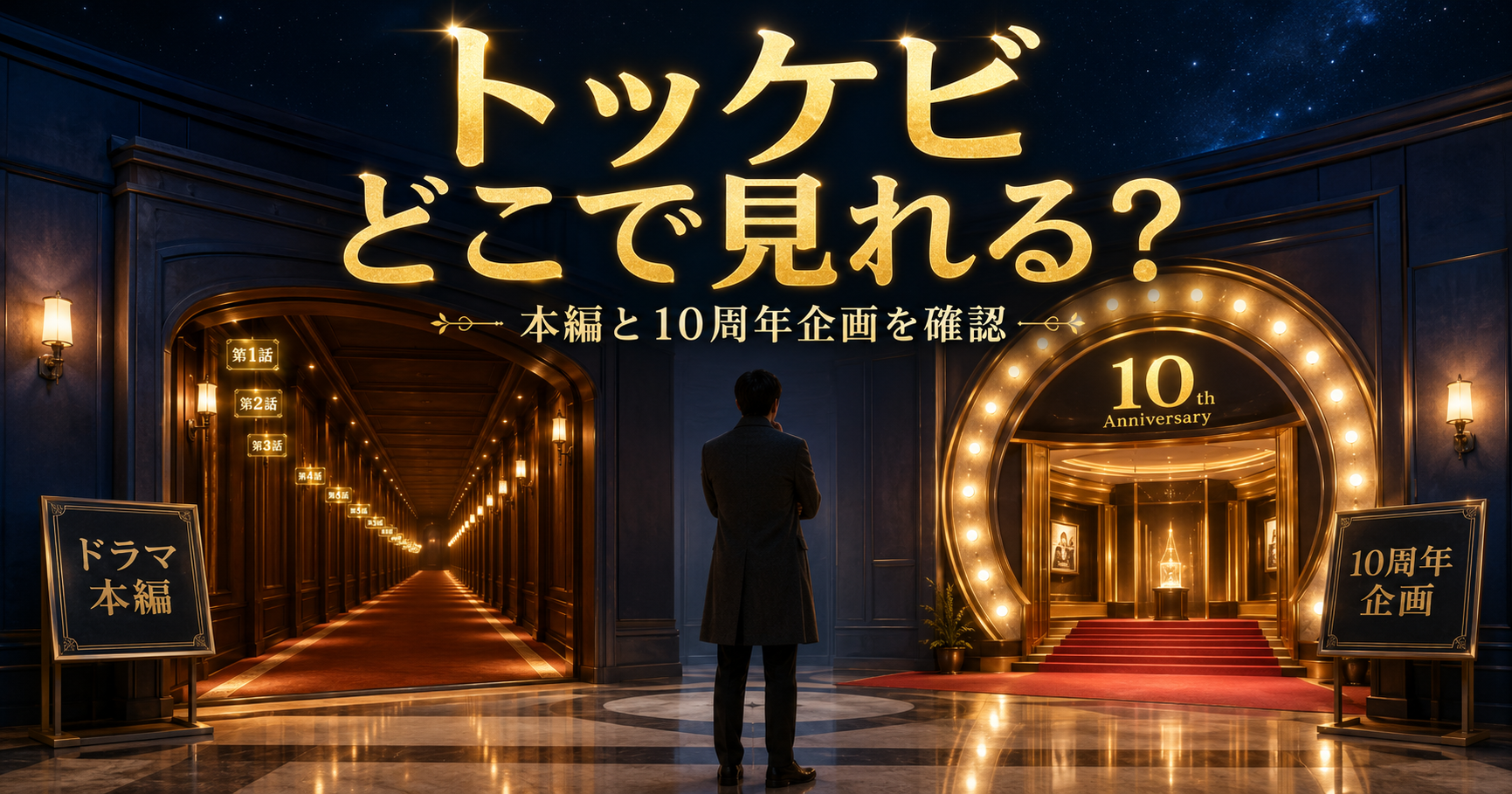 劇場ロビーで成人がドラマ本編と10周年記念企画を表す2つの上映入口を見比べているイメージ
