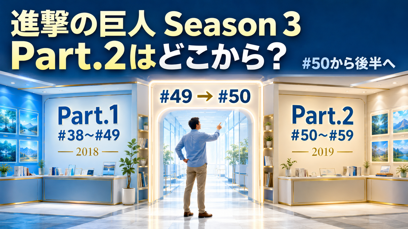 明るい映像アーカイブのPart.1展示室とPart.2展示室をつなぐ通路で進撃の巨人 Season 3の#49から#50の境界を確認する成人視聴者