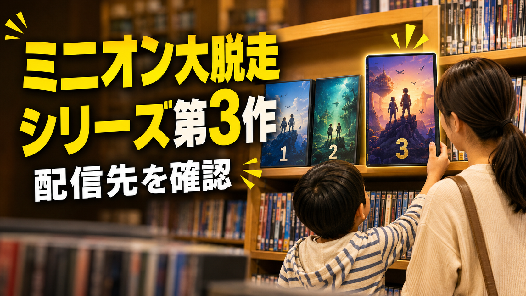 親子が映画シリーズの棚から3作目を選び、怪盗グルーのミニオン大脱走の配信先を確認するイメージ