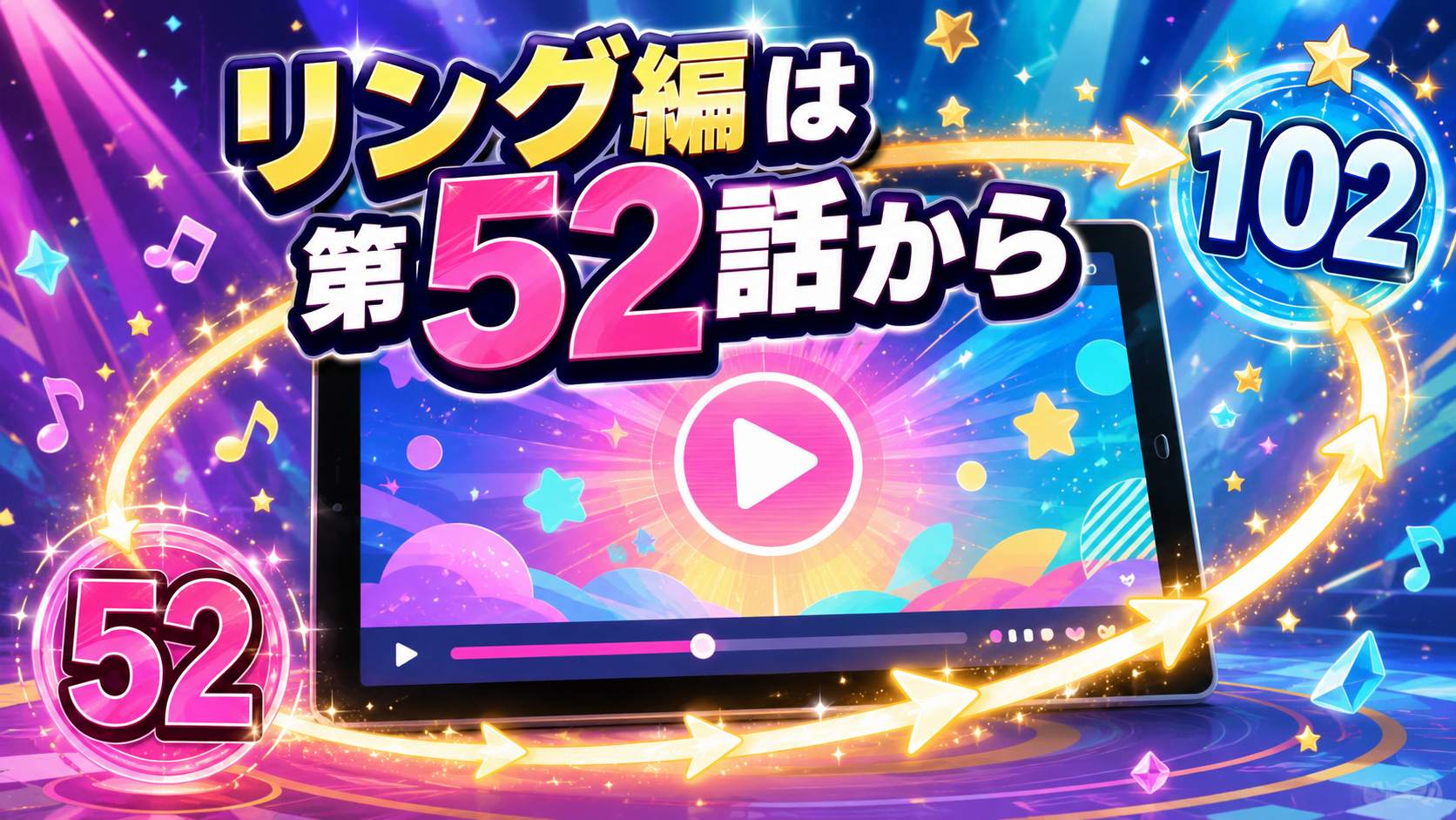 リング状の光に囲まれた動画画面と、第52話から第102話までの流れを示すイメージ