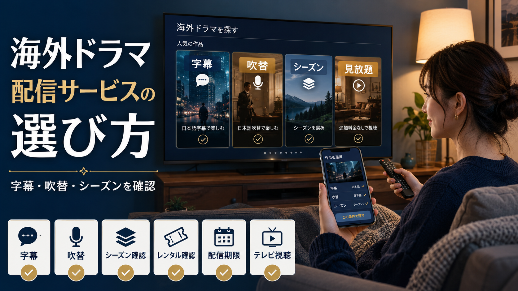 海外ドラマ配信サービスの字幕吹替とシーズン確認をするイメージ