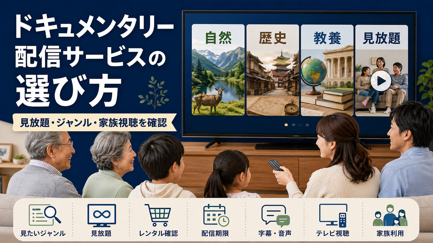 ドキュメンタリー配信サービスをテレビで家族と確認するイメージ