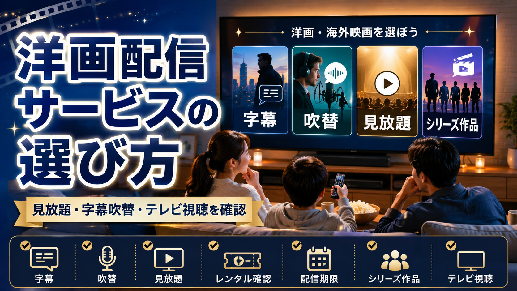 洋画配信サービスの字幕吹替とテレビ視聴を確認するイメージ