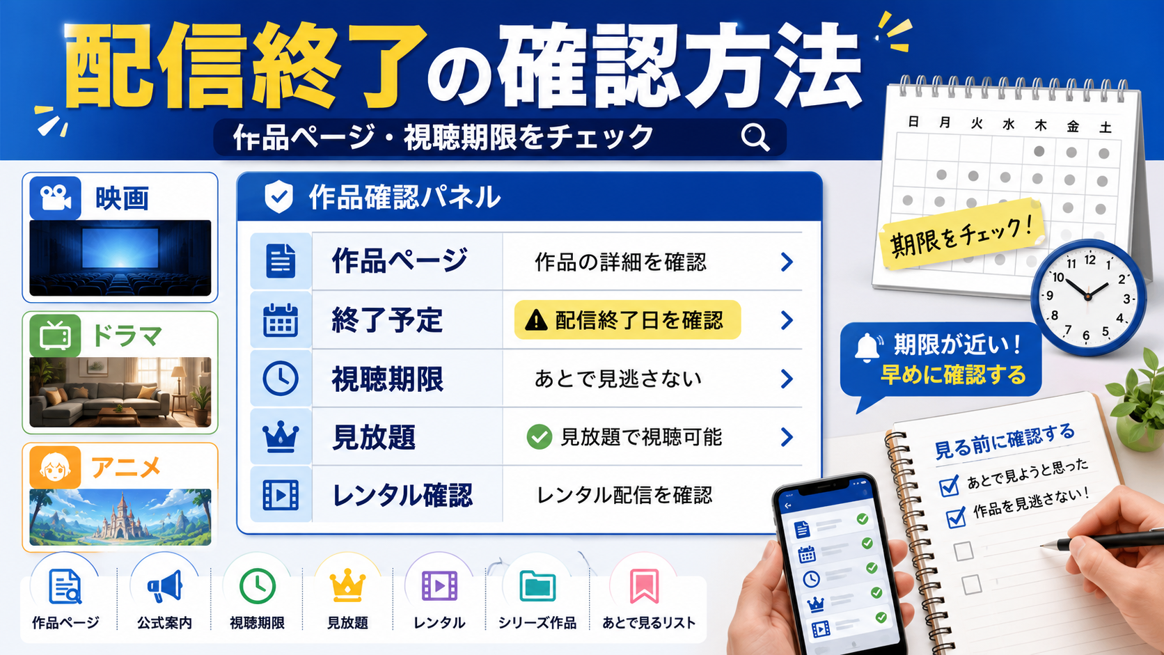 動画配信サービスで配信終了予定や視聴期限を確認するイメージ