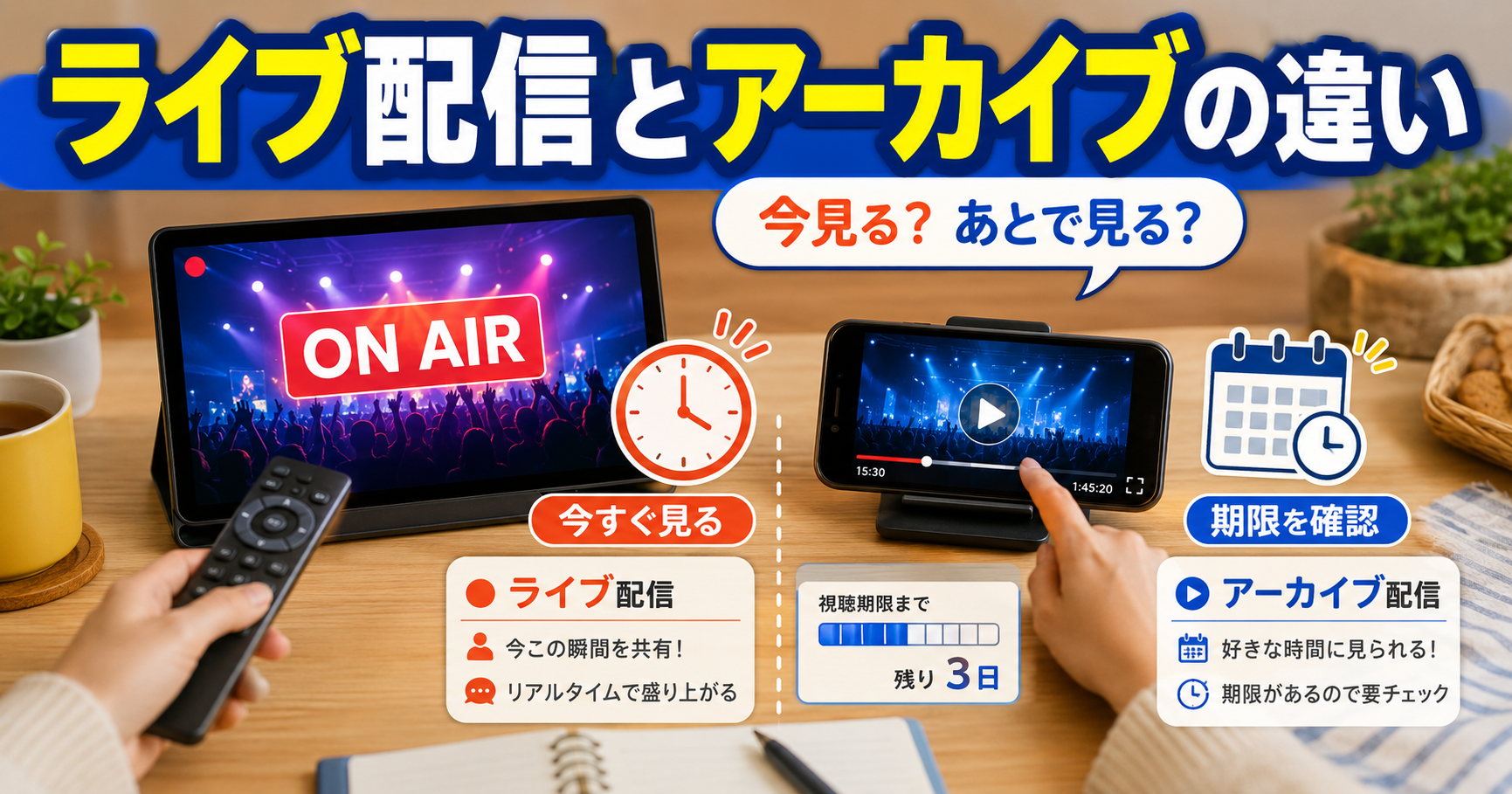リアルタイム配信とあとから見られる配信の違いを時計と再生バーで表したイメージ