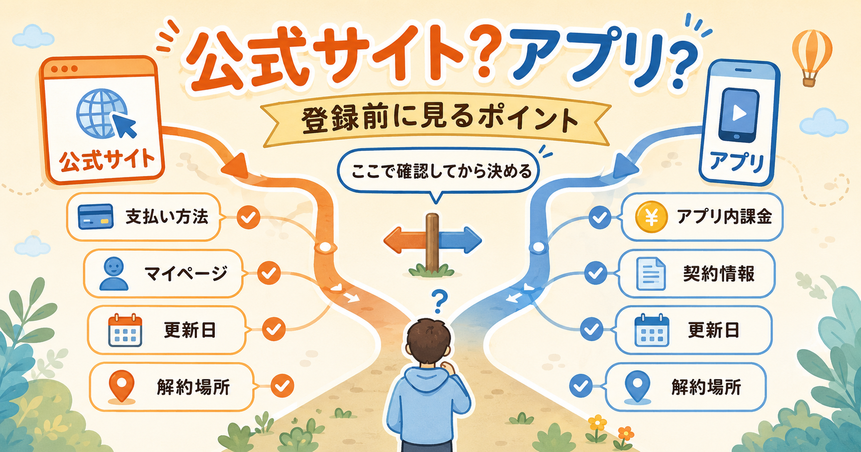 公式サイトとアプリの登録ルートが分かれた地図で支払い方法や更新日を確認するイメージ