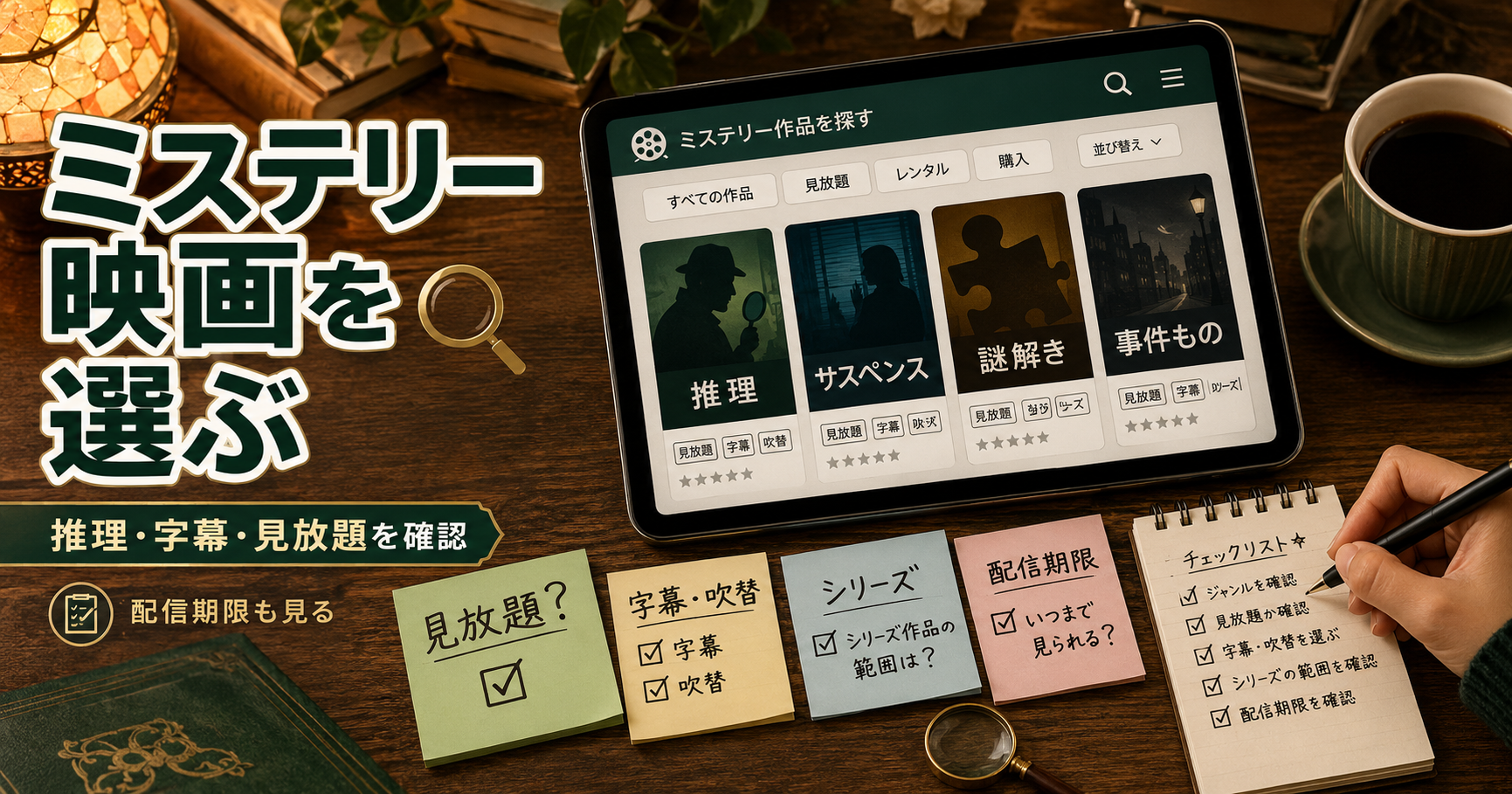 ミステリー映画を配信サービスで探すために作品カードや字幕吹替を確認するイメージ