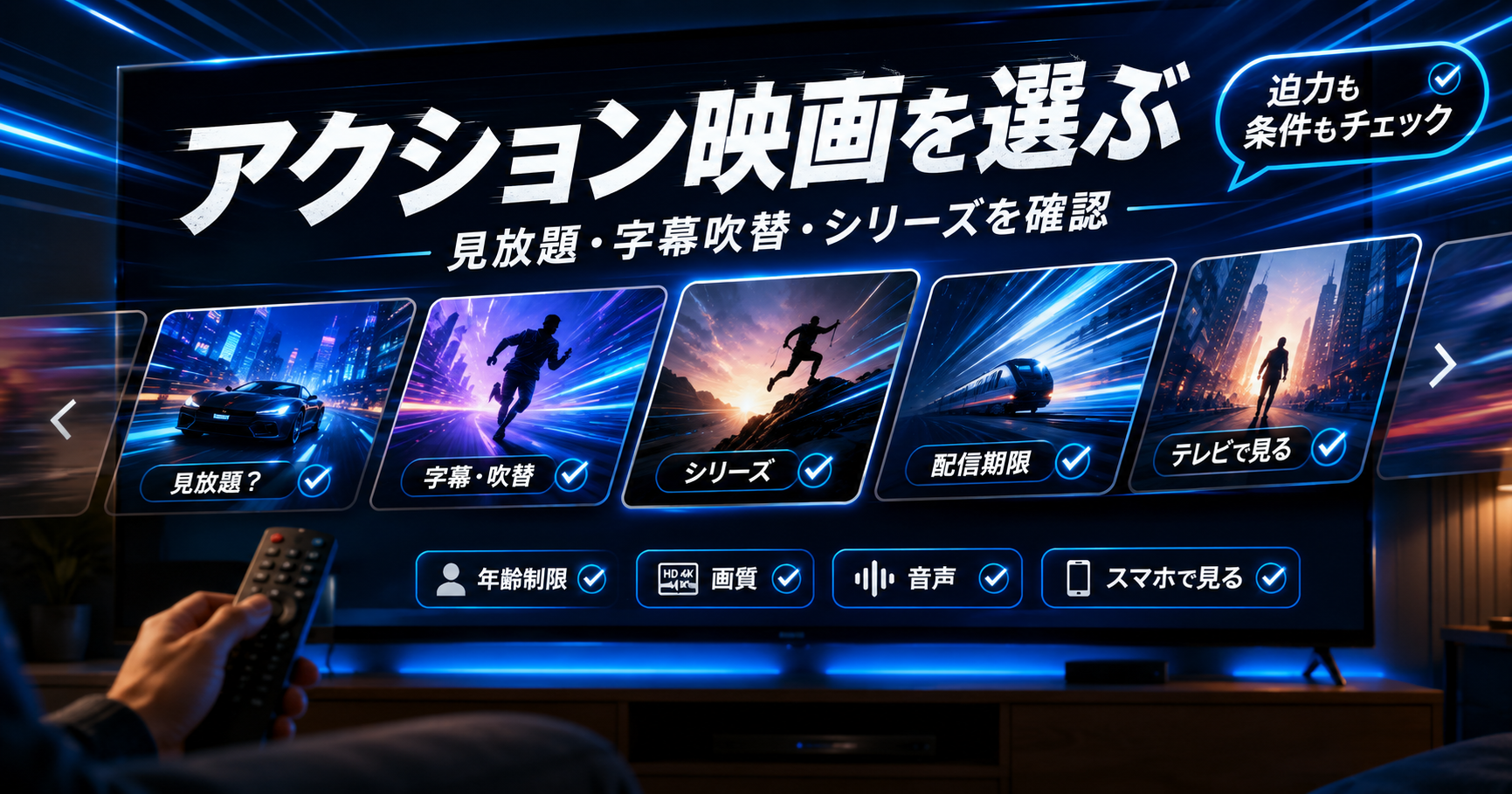 大画面テレビでアクション映画カードを選び、見放題・字幕吹替・シリーズ範囲を確認するイメージ