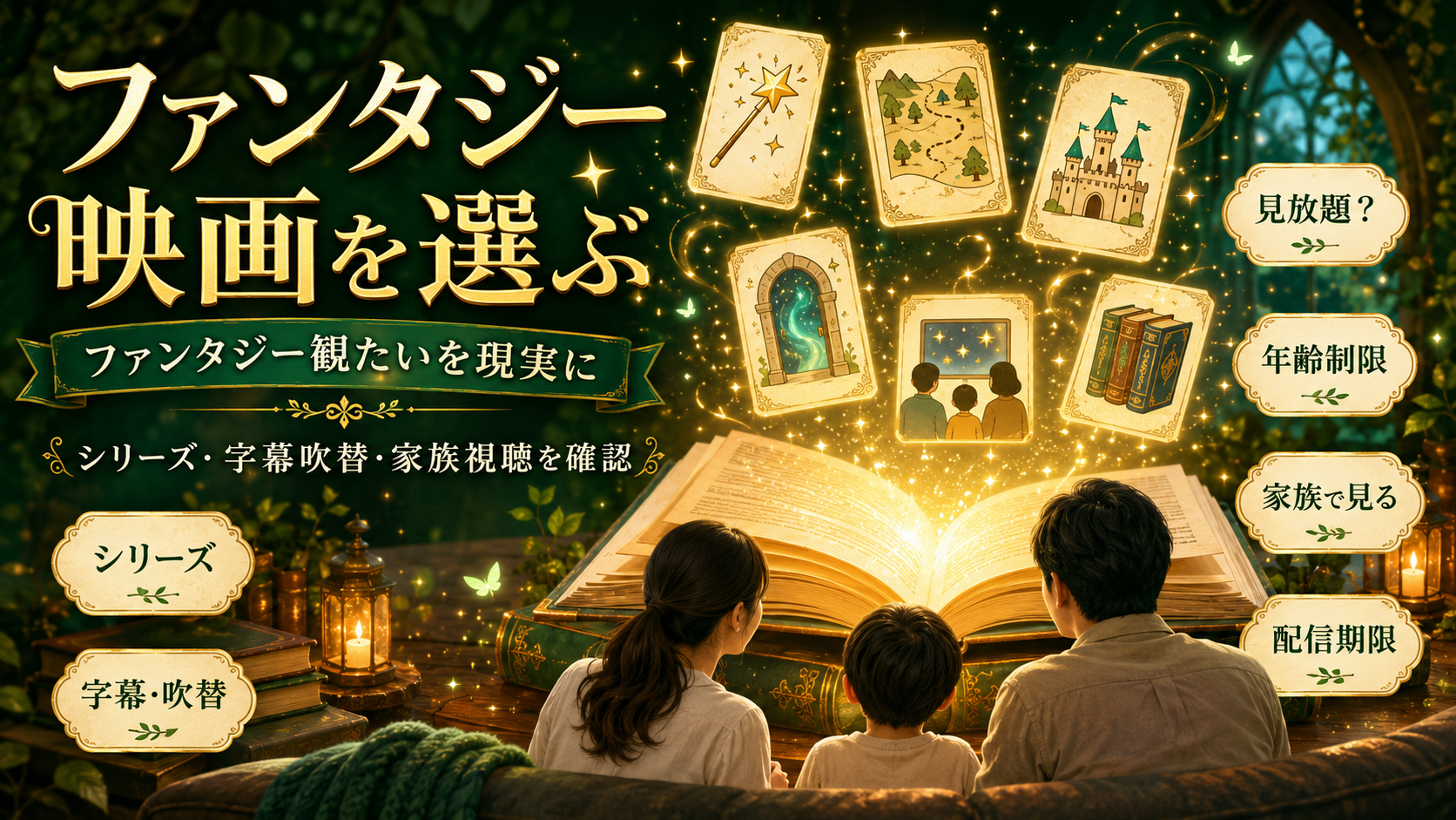 魔法の本からファンタジー映画カードが浮かび、シリーズ・字幕吹替・家族視聴を確認するイメージ
