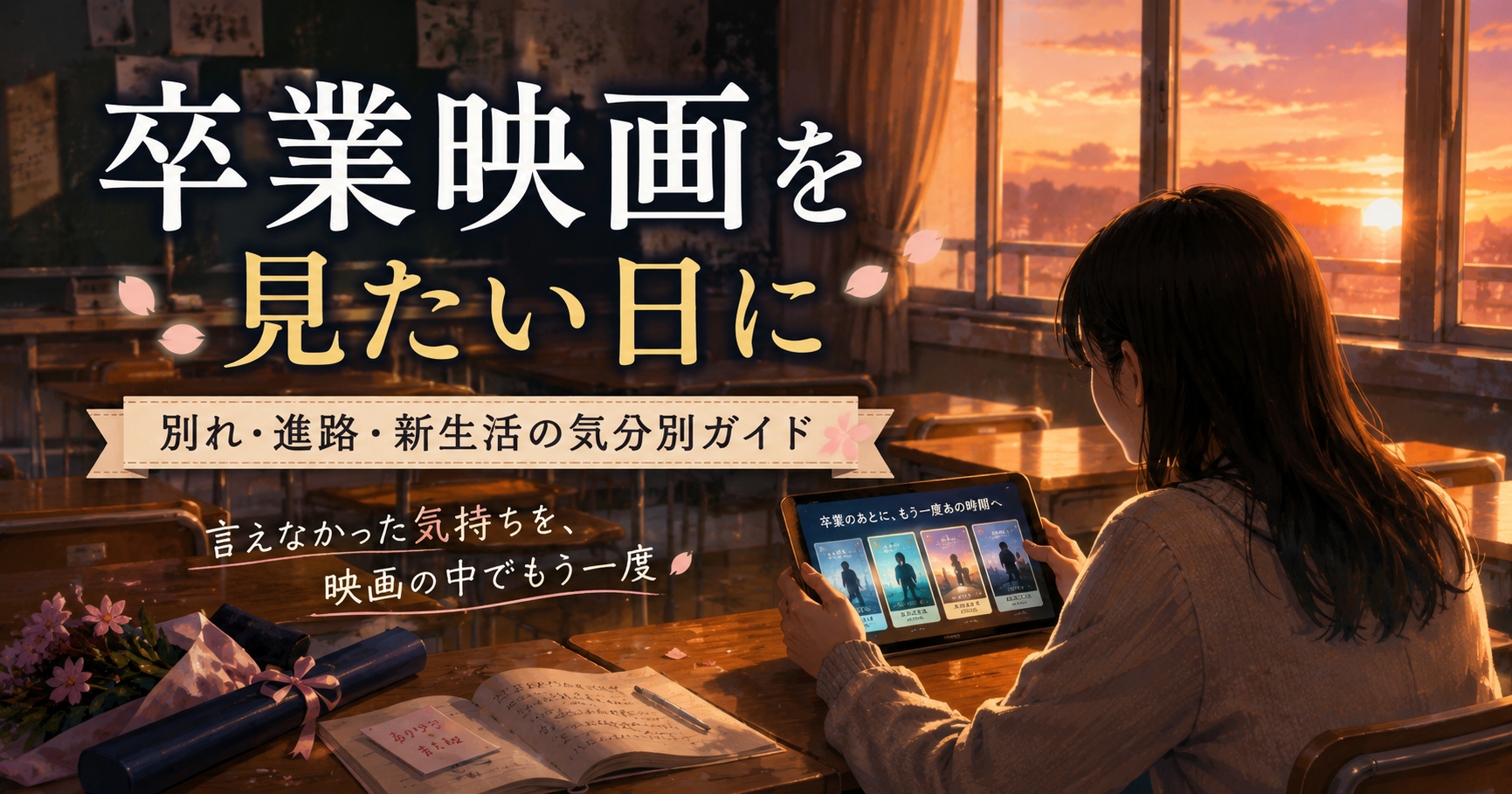 卒業式の帰り道や夕方の教室を思わせる空間で、スマホに映る卒業映画カードを見る人物のイメージ