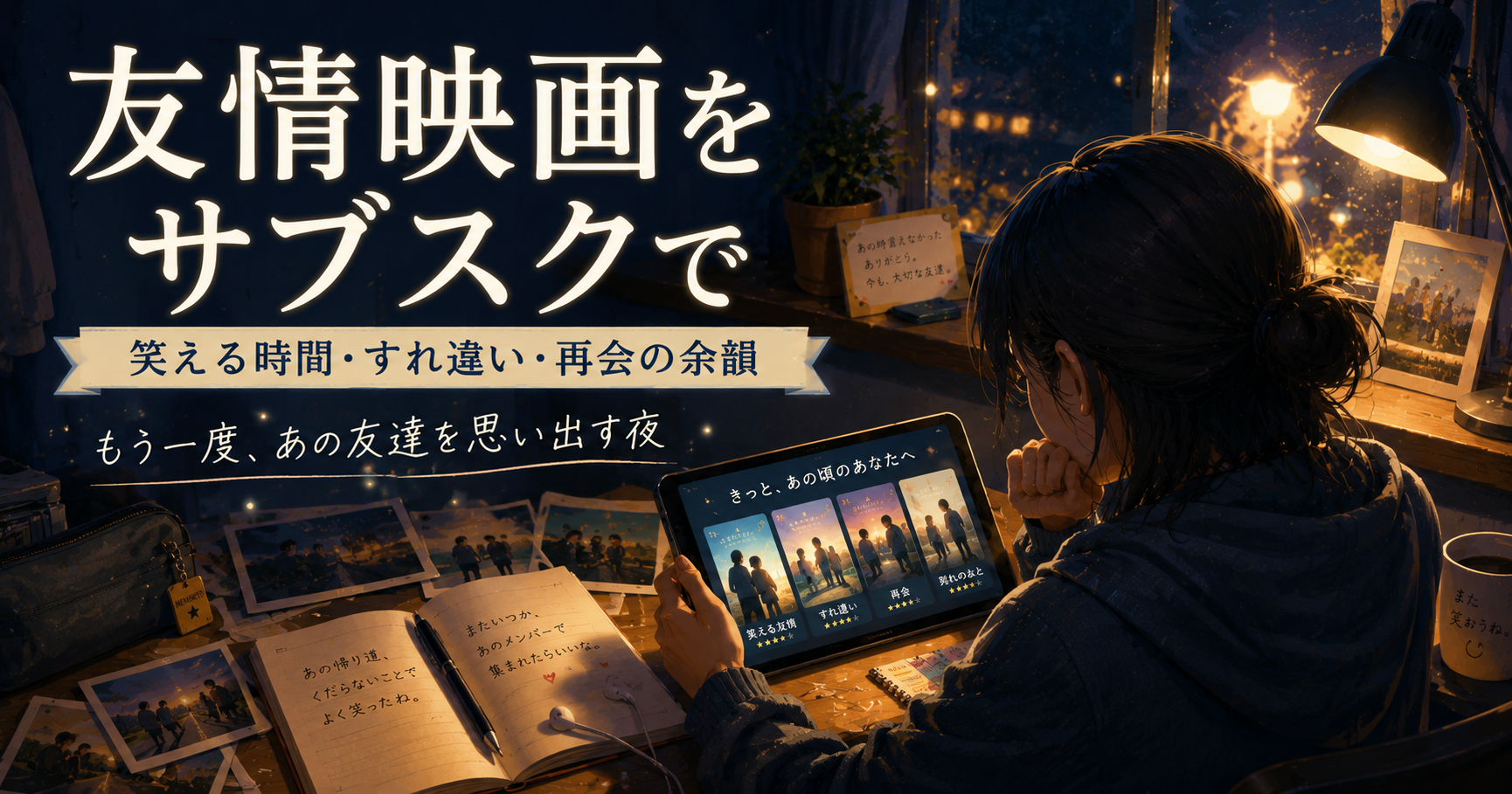 夜の部屋でスマホに映る友情映画カードを見ながら、昔の友達や再会の余韻を思い出すイメージ